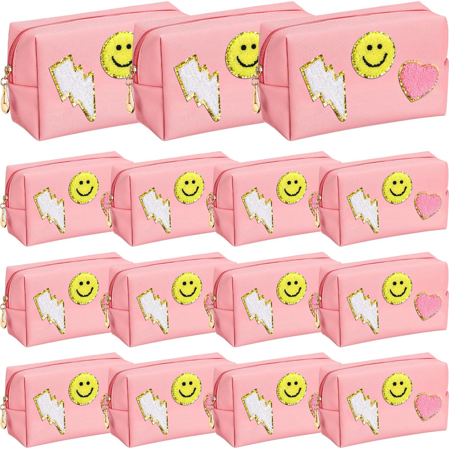 Silkfly 15 Pcs Preppy Patch Makeup Bag Bulk End of The Year Teacher Gifts Bulk Cosmetic Toiletry Bag Smile Lightning Heart PU Leather Portable Waterproof Makeup Cosmetic Purse for Women(Pink)