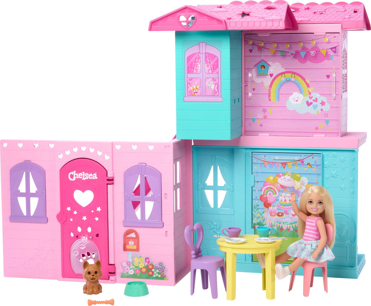 Barbie Chelsea Toy Dollhouse with 15+ Accessories, Pop-Up House Expands to 17+ x 13+ inches with 5 Play Areas & Slide, Includes Small Doll & Pet Dog