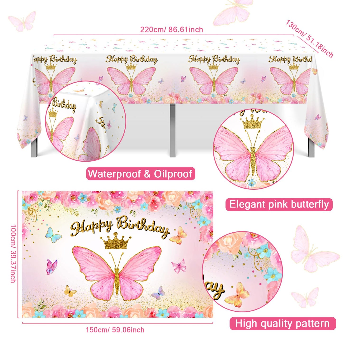 Pink Balloon Arch Kit with Foil Butterfly Balloons, Happy Birthday Backdrop & Tablecloth Decorations for Girl's Party - 106 Supplies