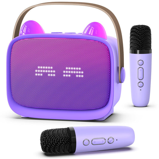 Mgaolo Upgraded Mini Karaoke Machine Toy for Kids, Portable Bluetooth Speaker with 2 Wireless Mics, Emoji & Colorful LED Lights, Home Travel & Party Play Gifts for Boys Girls (Purple)