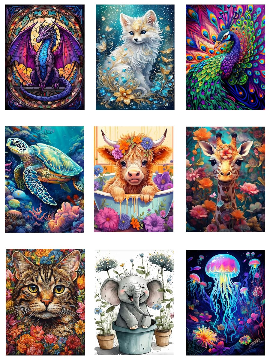 9 Pack Diamond Painting Kits, Peacock 5D Diamond Art Kits for Adults Cow Full Drill Diamond Paintings Kit for Adults Beginners, DIY Animal Diamond Painting Packs Gem Art Home Wall Decor 11.8x15.7in