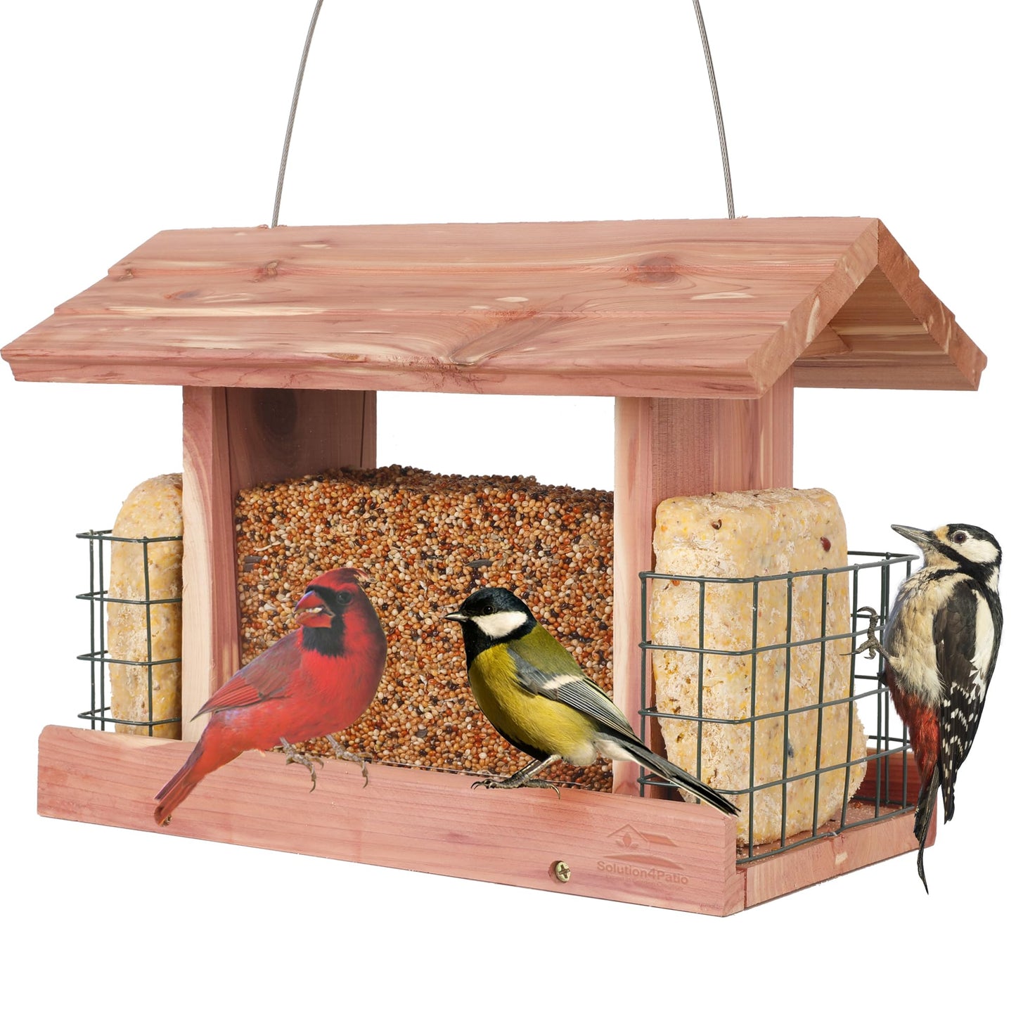 Solution4Patio USA Cedar Bird Feeder, Mangeur d'oiseaux extérieur, Wildbird Essentials Handmade Wooden Outdoor Patio Garden Yard Coop Tree Hanging with Double Plastic Window and Double Suet Holder