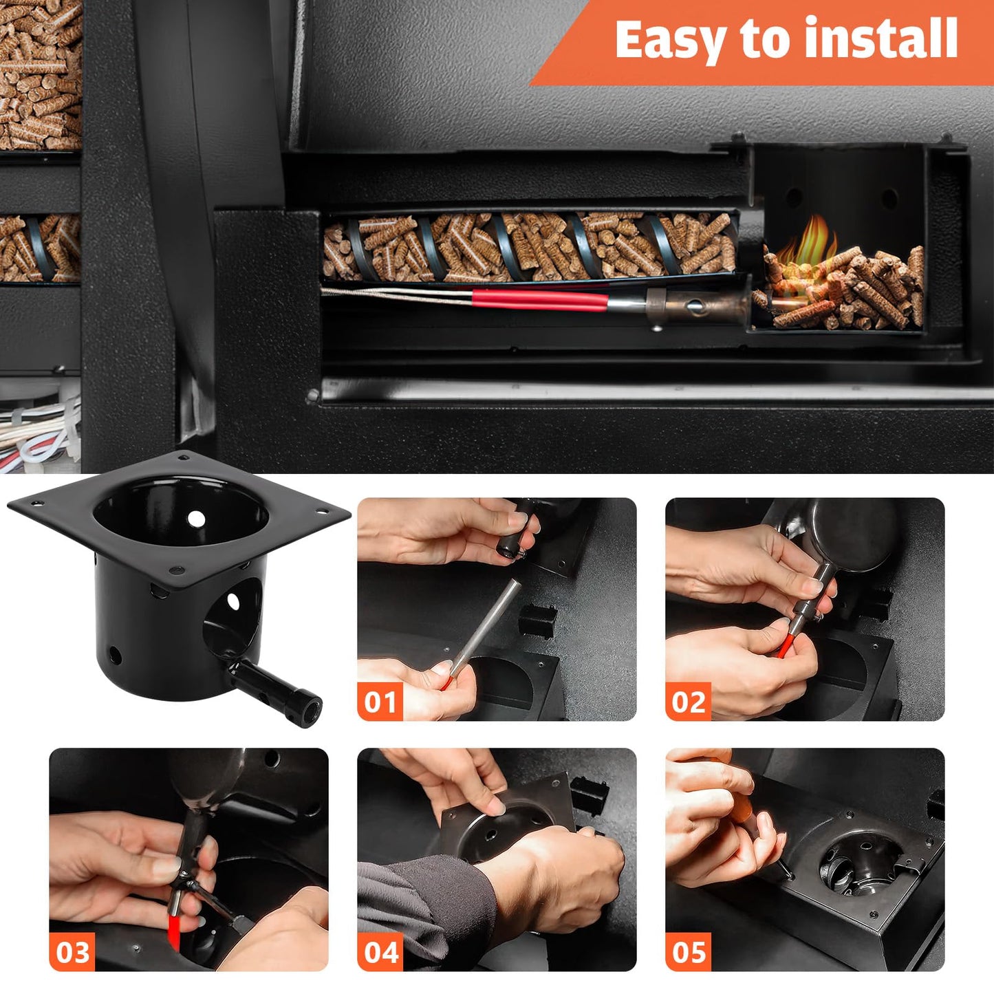 Upgraded Fire Burn Pot and Hot Rod Ignitor Kit Replacement Parts for Traeger, Pit Boss & Camp Chef Pellet Grill Smoker, Durable Fire Burner Pot with Ash Remover, Screws & Fuse, Enamel Fire Pot