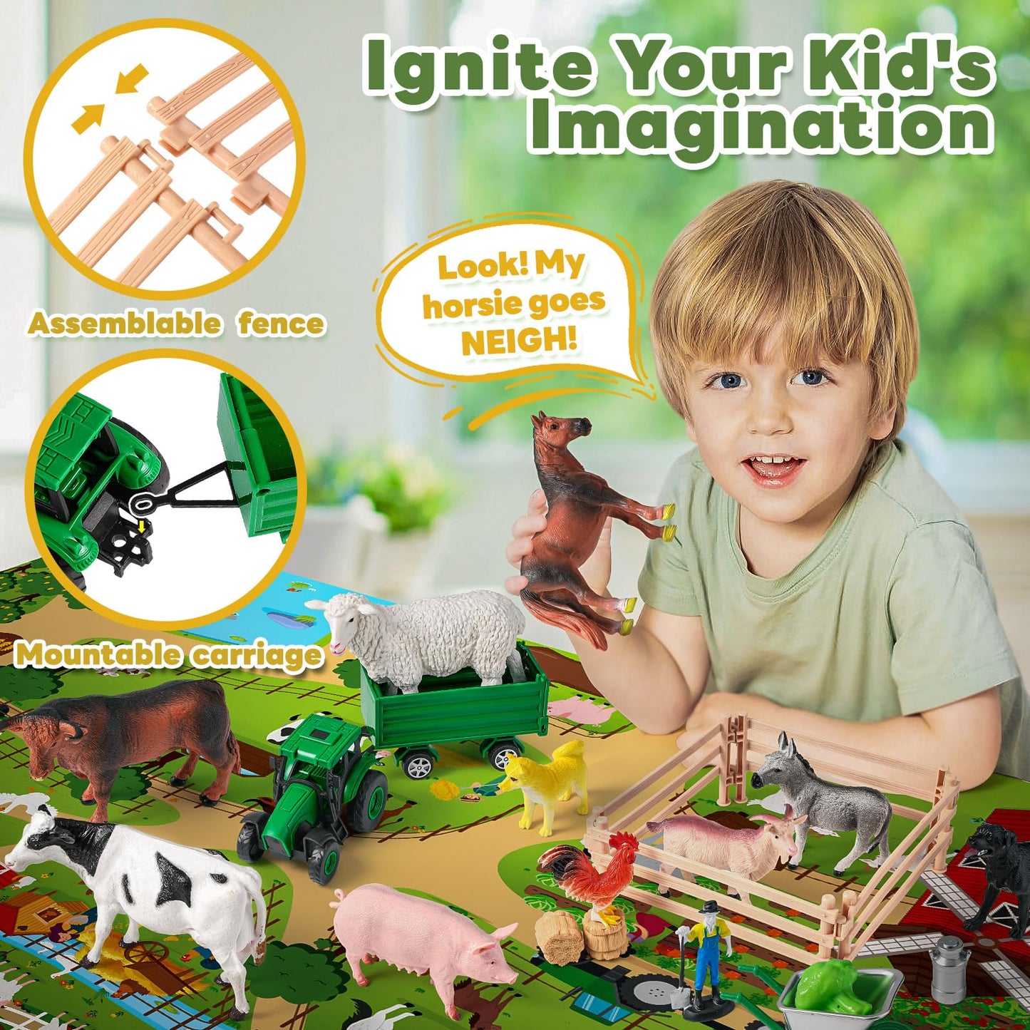 WAIIW Farm Animal Toys for Toddlers,38 PCS Realistic Animal Figurines Toys with 47.2”x31.4”Large Activity Play Mat and Tractor Toy,Farm Playset Educational Learning Toys for Toddlers Kids 3-5