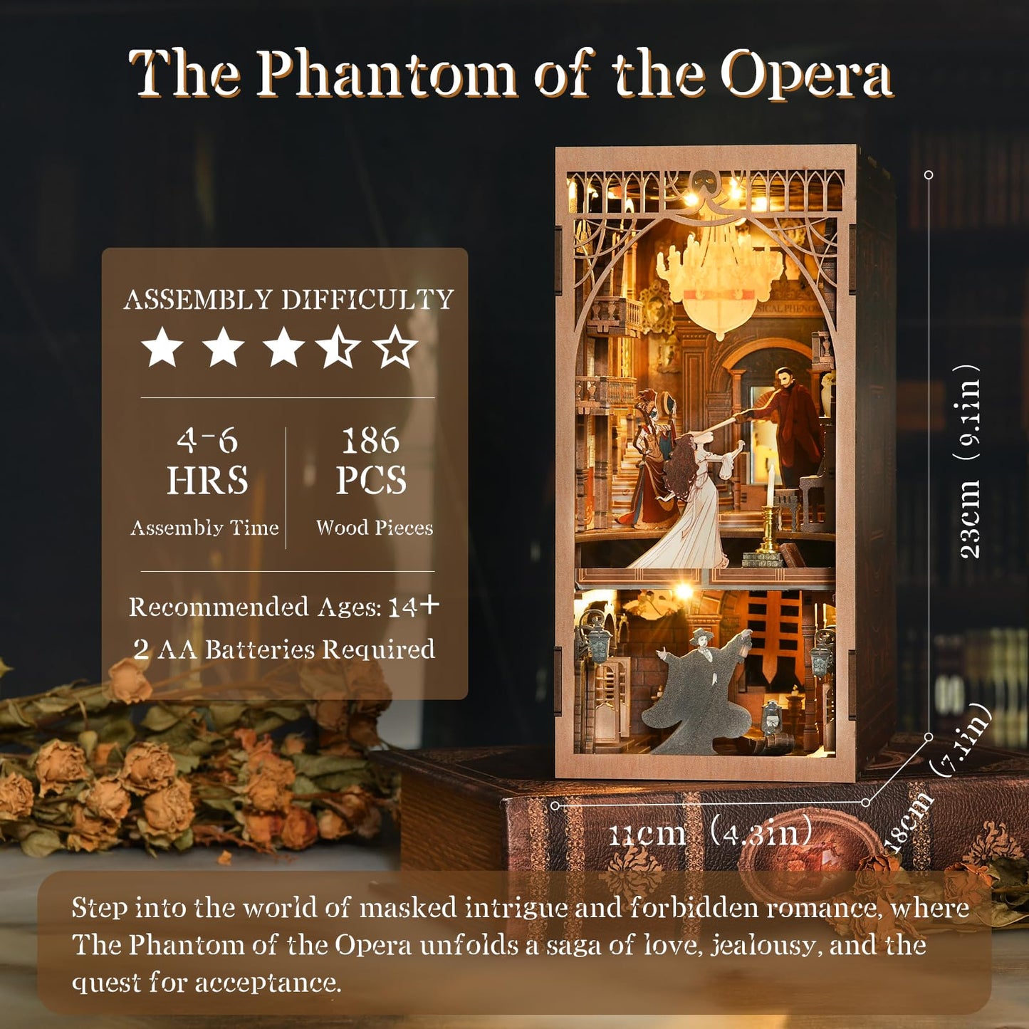 MiniCity Book Nook Kit, Miniature DIY Dollhouse Booknook Kit, 3D Wooden Puzzle Bookend Bookshelf Insert Decor with LED Light for Teens and Adults (Phantom Of The Opera)
