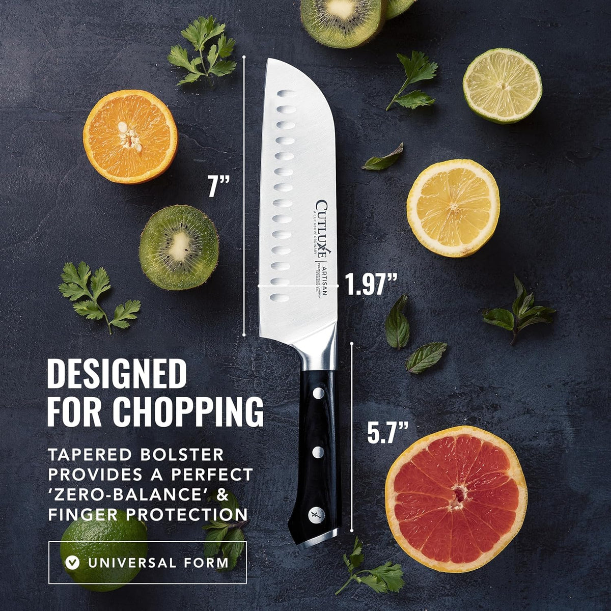 Cutluxe Santoku Knife – 7" Chopping Knife, Vegetable Knife – Forged High Carbon German Steel, Sheath Included, Full Tang, Razor Sharp, Ergonomic Handle Design – Artisan Series