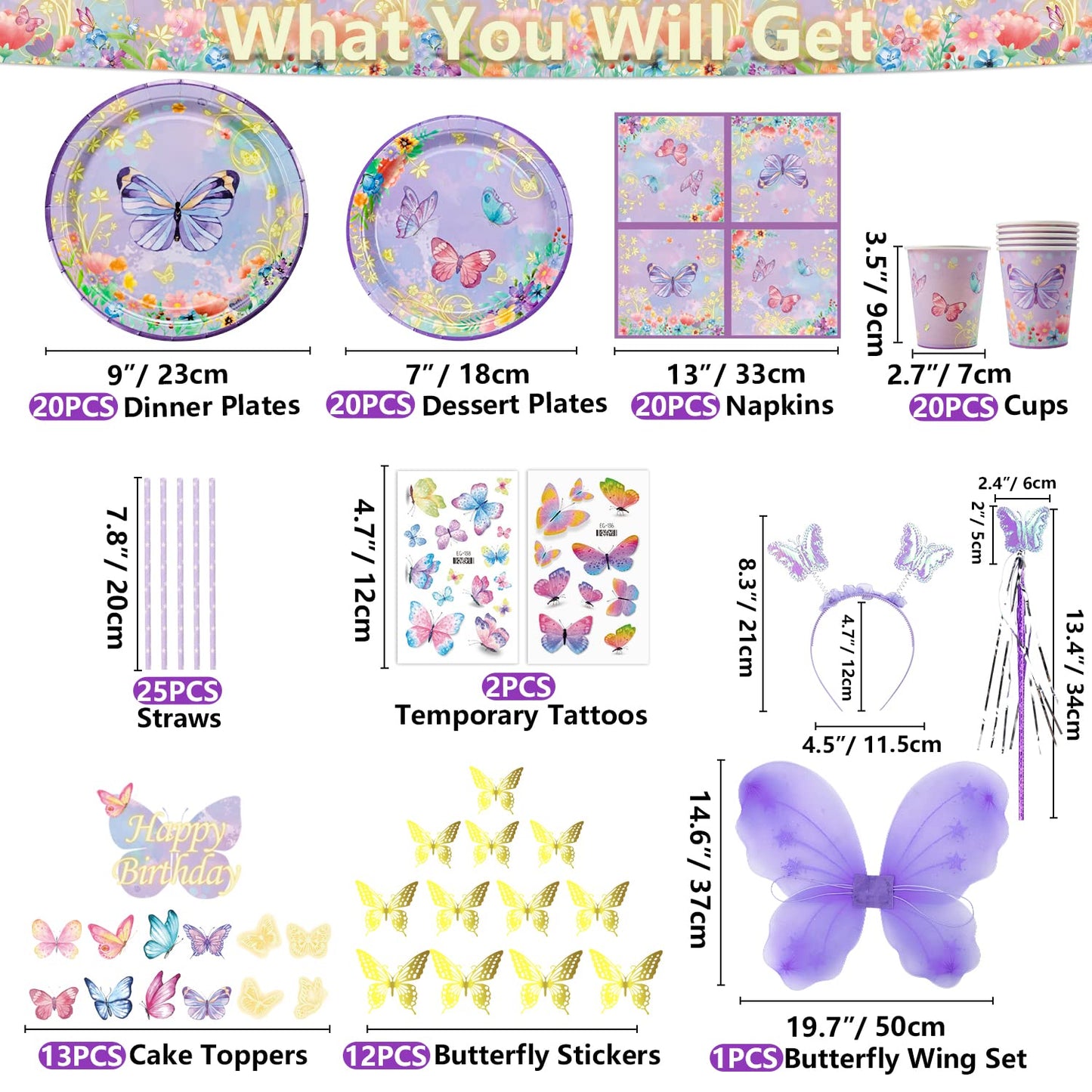 213 Pcs Purple Butterfly Decorations - Include Plates, Cups, Tablecloth, Balloon, Birthday Banner, Butterfly Stickers, Fairy Wing Set for Princess Fairy Birthday Decorations Supplies