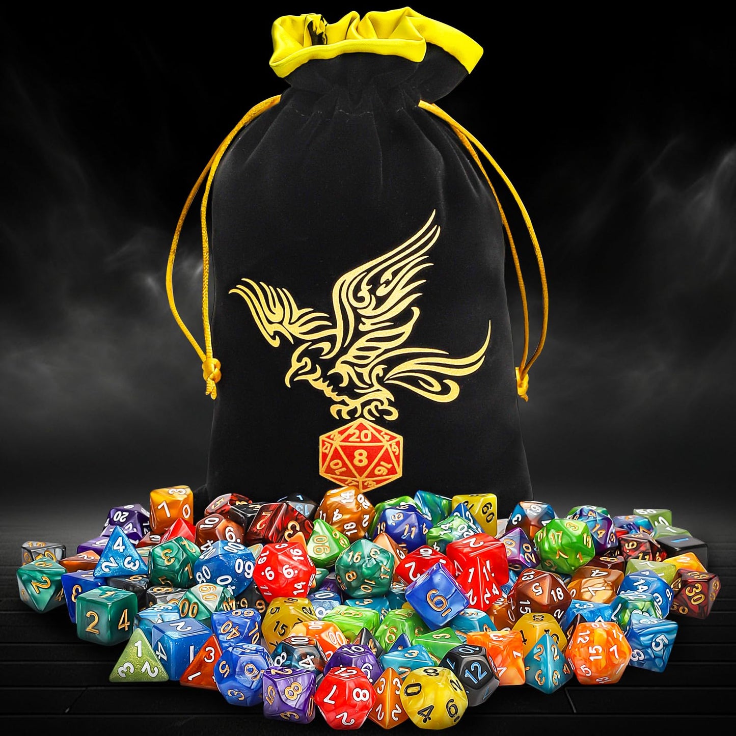 QMay DND Dice Set 20 X 7 Polyhedral Dice (140pcs) with 1 Large Flannel Bag, D&D Dice (D4 D6 D8 D10 D% D12 D20) for Dungeons and Dragons RPG MTG Table Games