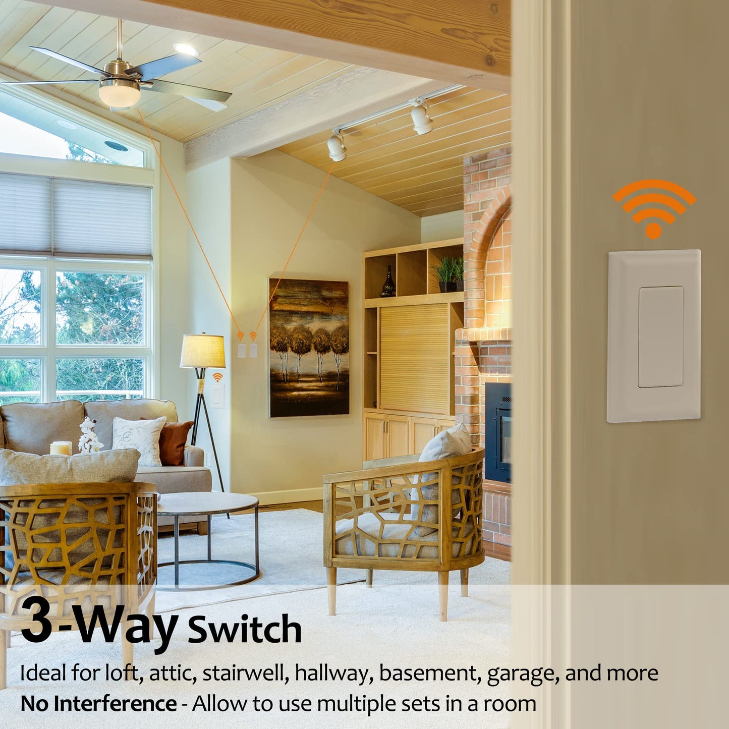 SURAIELEC Wireless Light Switch and Receiver Kit, 15A High Power, No Wiring, 100ft RF Range, Programmable Remote Control 3 Way Wall Switches for Lamp, Ceiling Light, Fan, Outdoor Lighting
