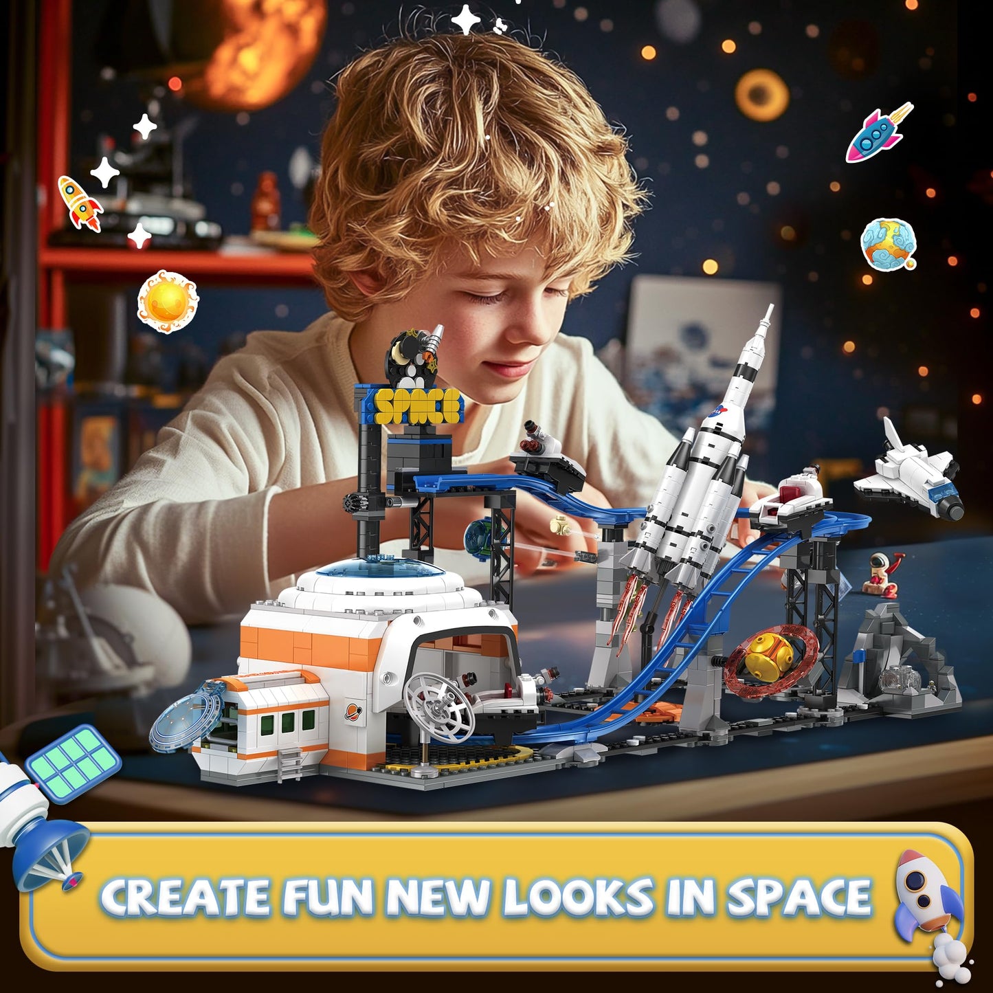 Space Roller Coaster Building Set for Boys 12-14, City Amusement Park Block Featuring Lift Platform, Satellites, Rocket for Kids Ages 12+, 1288Pcs