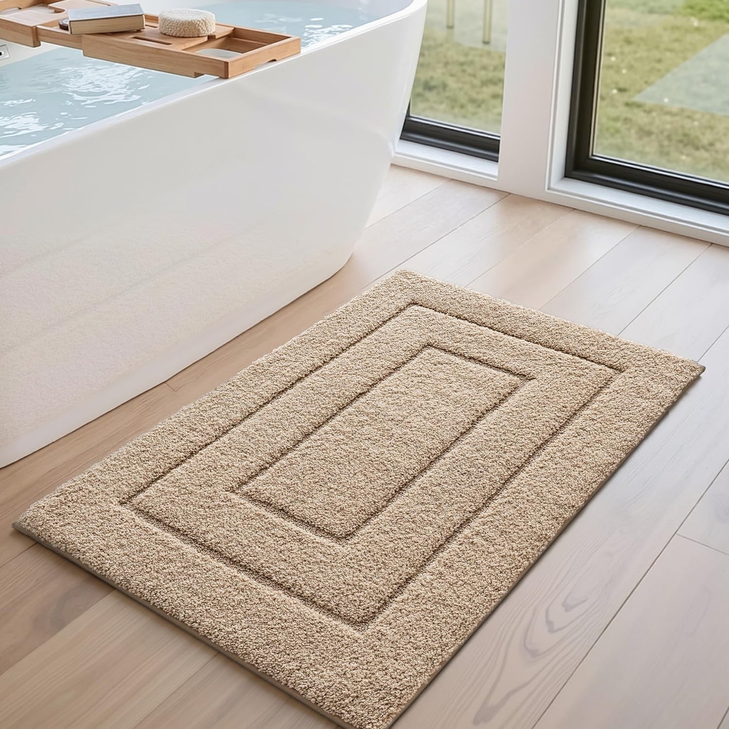 DEXI Bath Mat Non Slip, 24x36 Absorbent Microfiber Soft Bathroom Rug, Machine Washable Carpet for Shower Floor Bathmat Decor, Beige