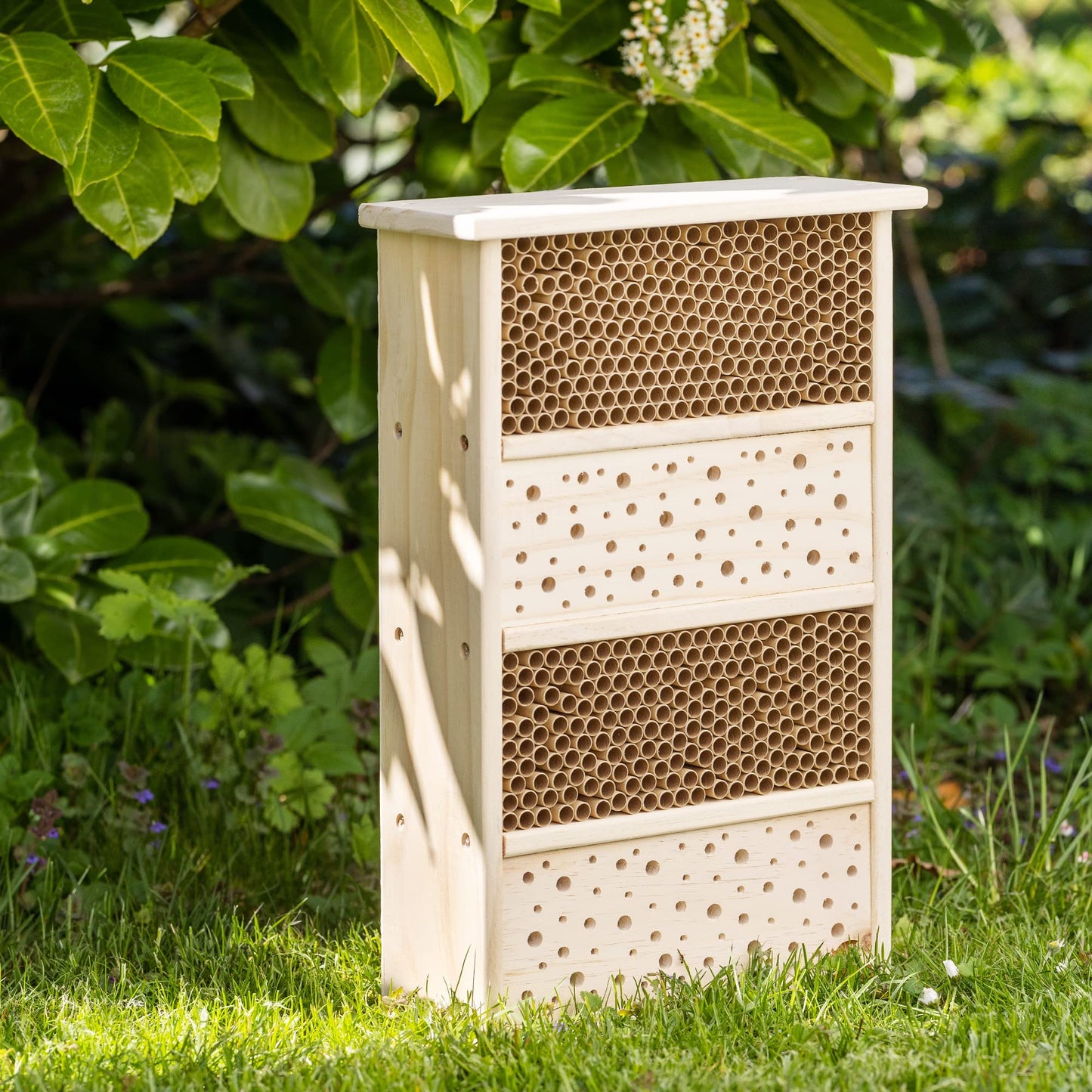 Navaris Bee House for Garden - 10.2" x 15.8" Hotel With Nesting Tubes Box and Holes for Carpenter, Pollinating, and Mason Bees