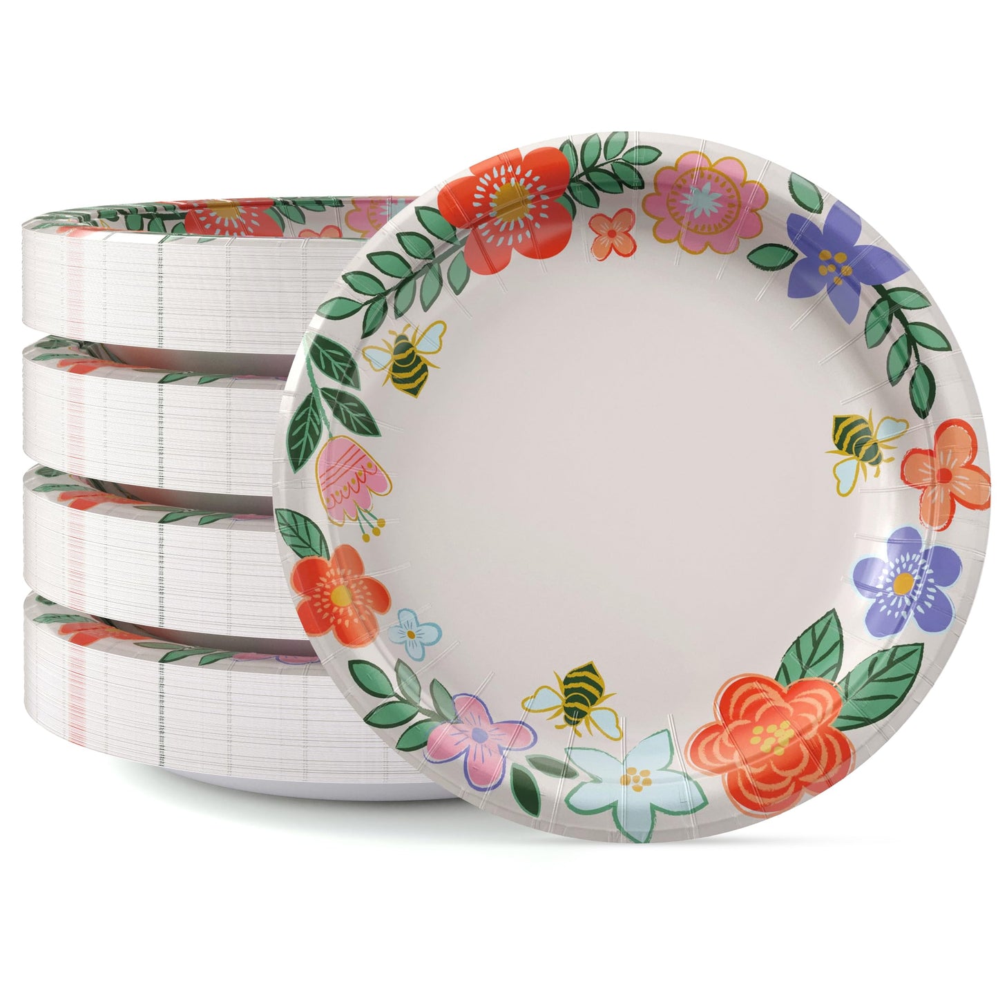 Party Solids Floral Spring Paper Plates Disposable Heavy Duty 8.5 Inch Floral Plates for Party 96 Pcs Heavy Duty 350 GSM, Spring Birthday Supplies