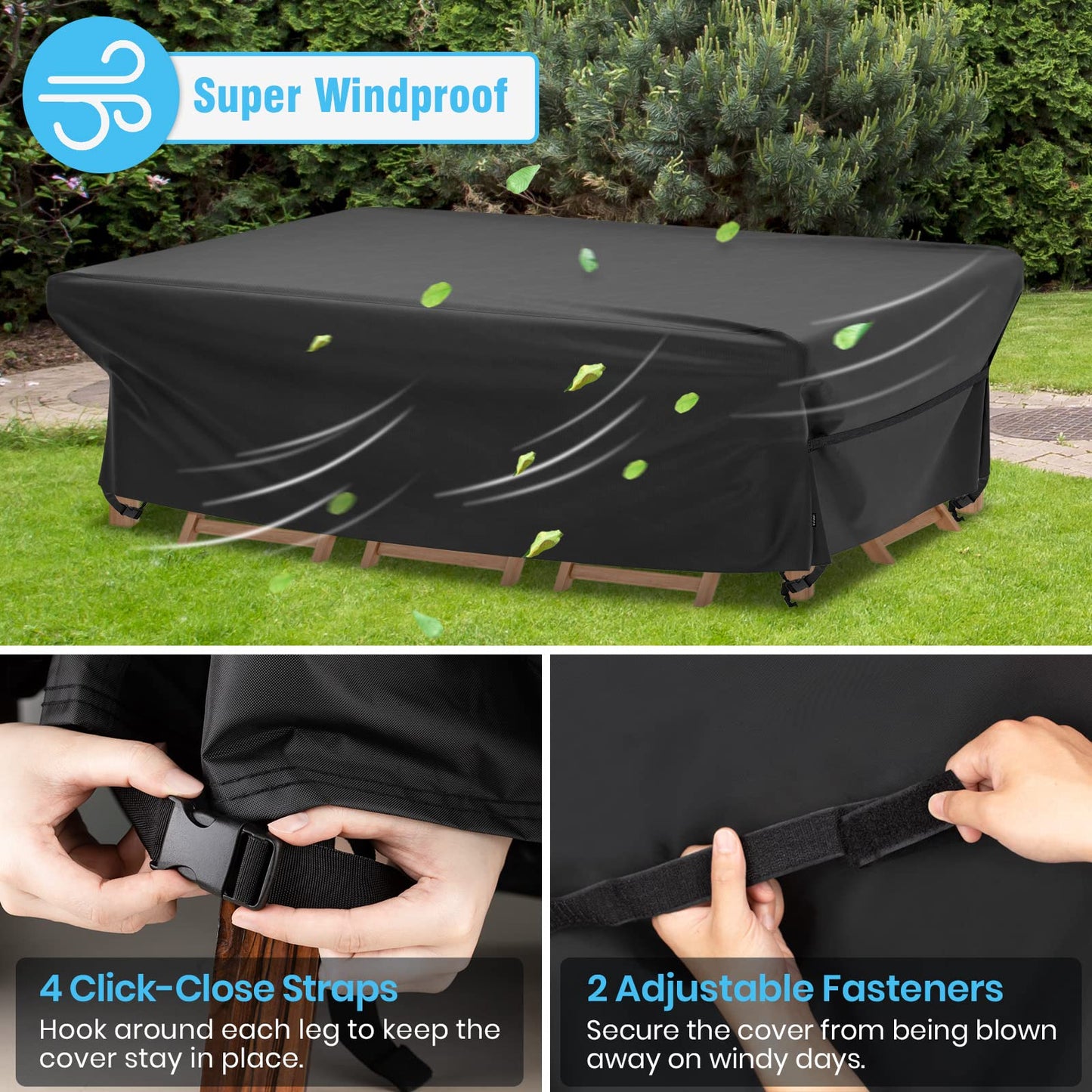Velway Patio Furniture Cover Outdoor, Waterproof Rectangular Patio Table Chair Set Cover, 98 Lx78 Wx32 H, All Weather Oxford Tear Resistant Sectional Sofa Set Covers with Windproof Design, Black