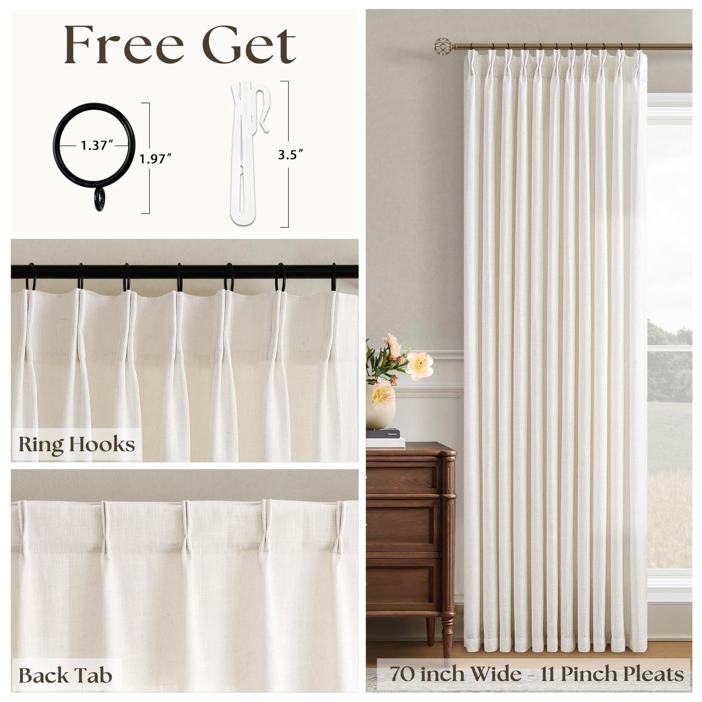 Extra Wide Linen Curtains 90 Inches Long 70 Inch Wide for Living Room Bedroom Light Filtering Cream Natural Pinch Pleated Curtains Neutral Boho Hooks Rings Back Tab Sliding Glass Door 70Wx90L 1 Panel