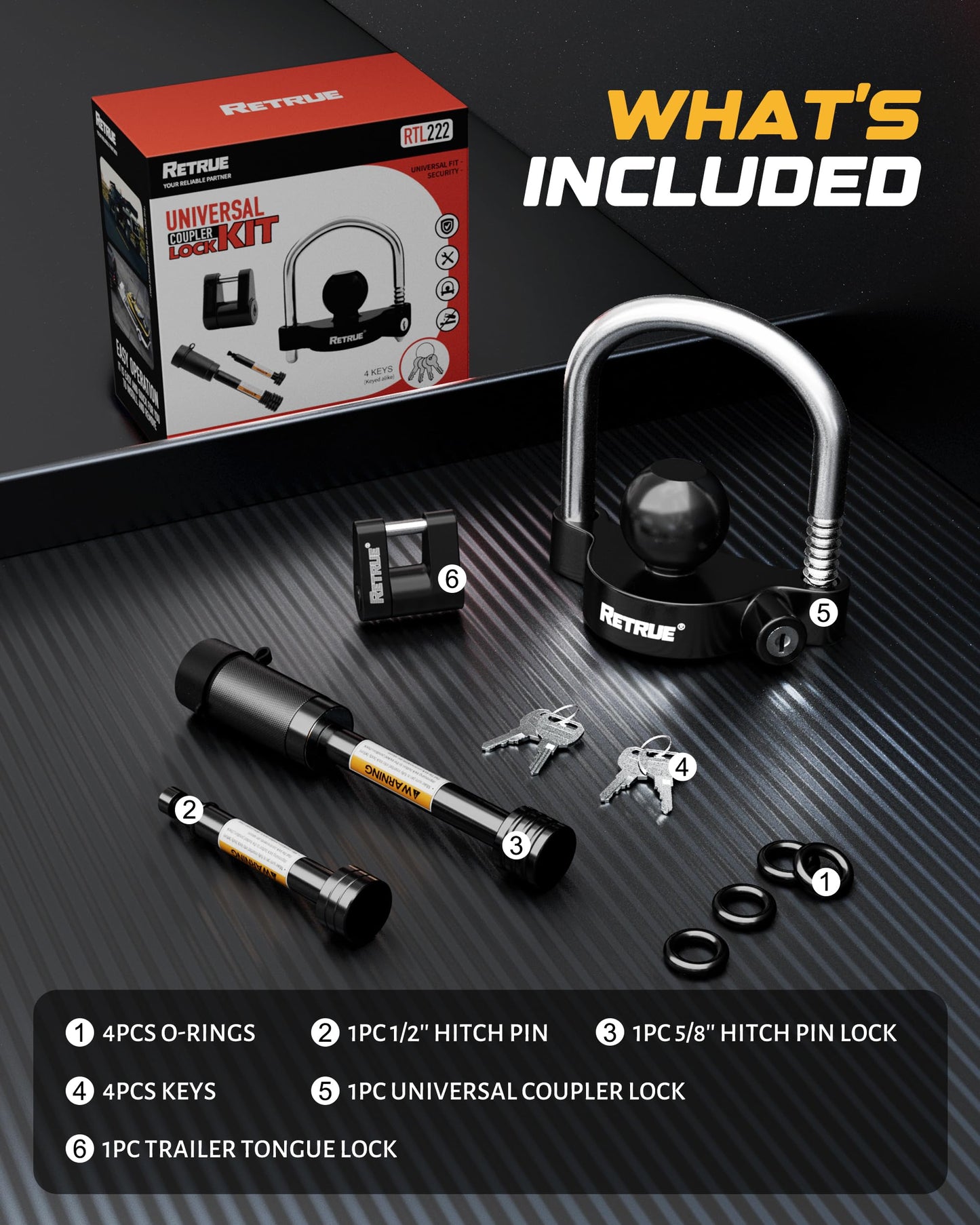 RETRUE Keyed Alike Trailer Lock Set Tow & Store Lock Kit Include Universal Coupler Lock & Dual Hitch Receiver Pin Lock & Trailer Tongue Coupler Lock Set, Black