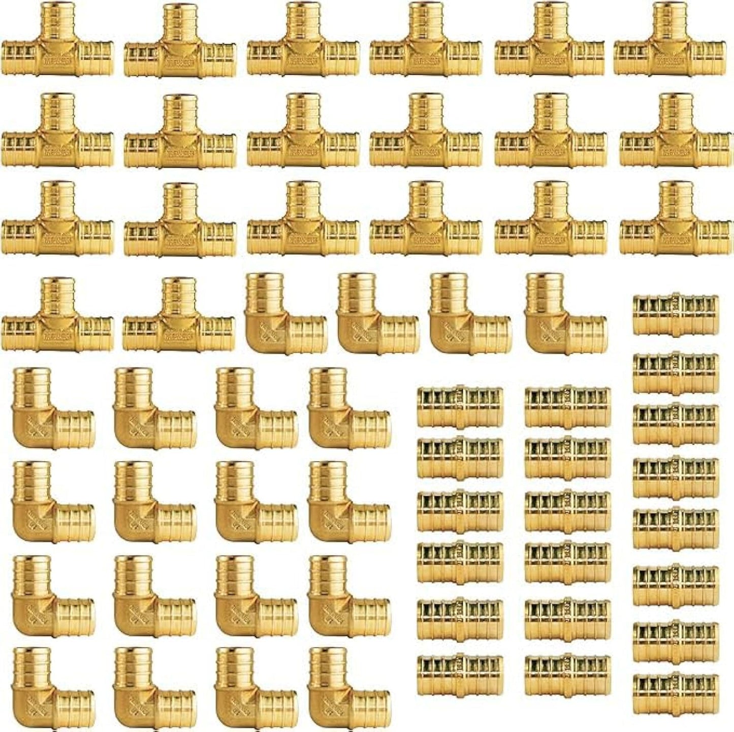 WiseWater 60 Pcs Pex Fittings, 3/4 inch T PEX Tee(20PCS) & 90 Degree Elbow(20PCS) & Straight Coupling(20PCS), Brass Barb Crimp Pipe Fitting for Pex Pipe(Pack of 60), UPC Certified