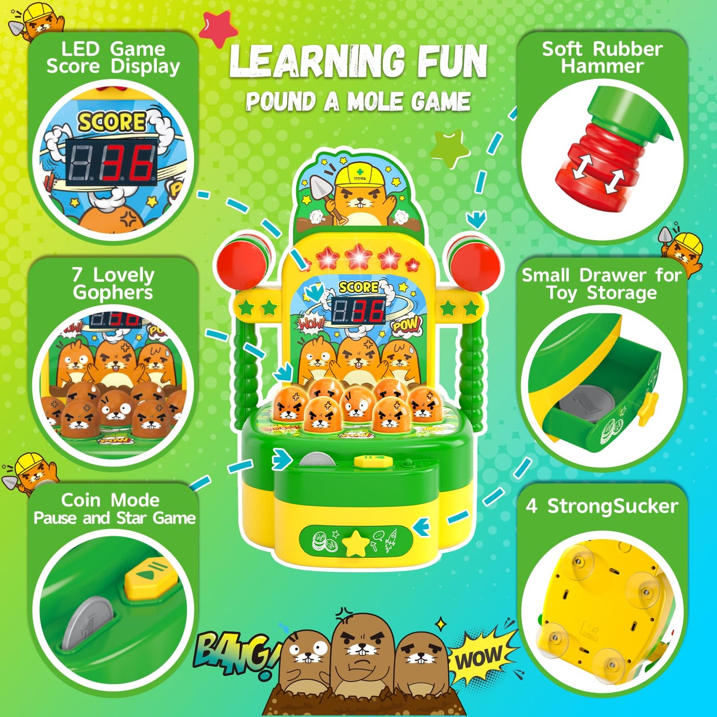 Arcade Game Toys for 3 Year Old, Electronic Mini Interactive Pounding Hammering Toys, Whack Game Mole, Gift Idea for Toddler Kids Girls Boys Ages 3 4 5 6 7 8+, Marmot Toy Cartoon Fun Style (Green)