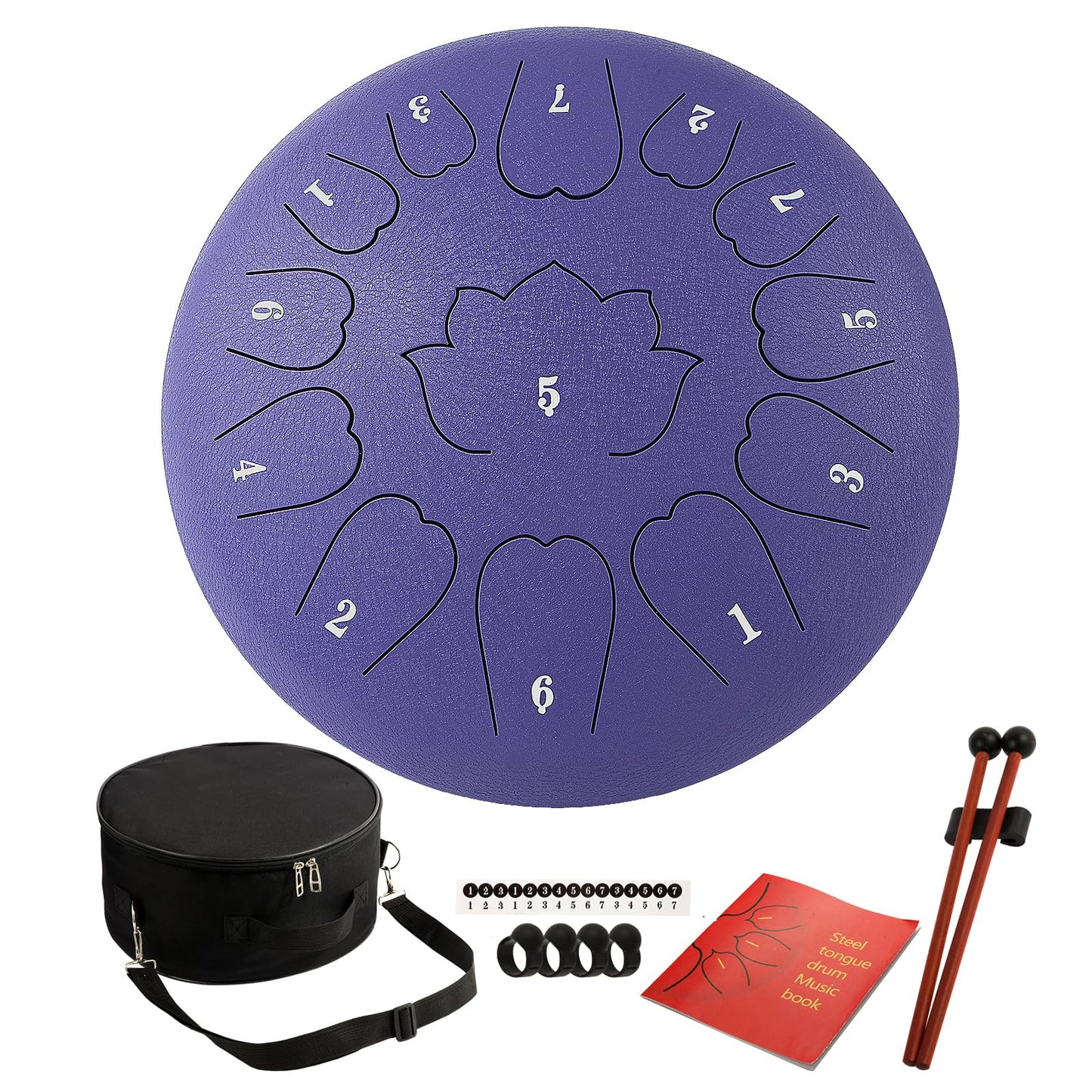 Steel Tongue Drum - 12-Inch 13-Notes Handpan Drum, Large Rain Drums for Outside With Tote Bag, Music Book, and Hand-Held Drumsticks (Purple)