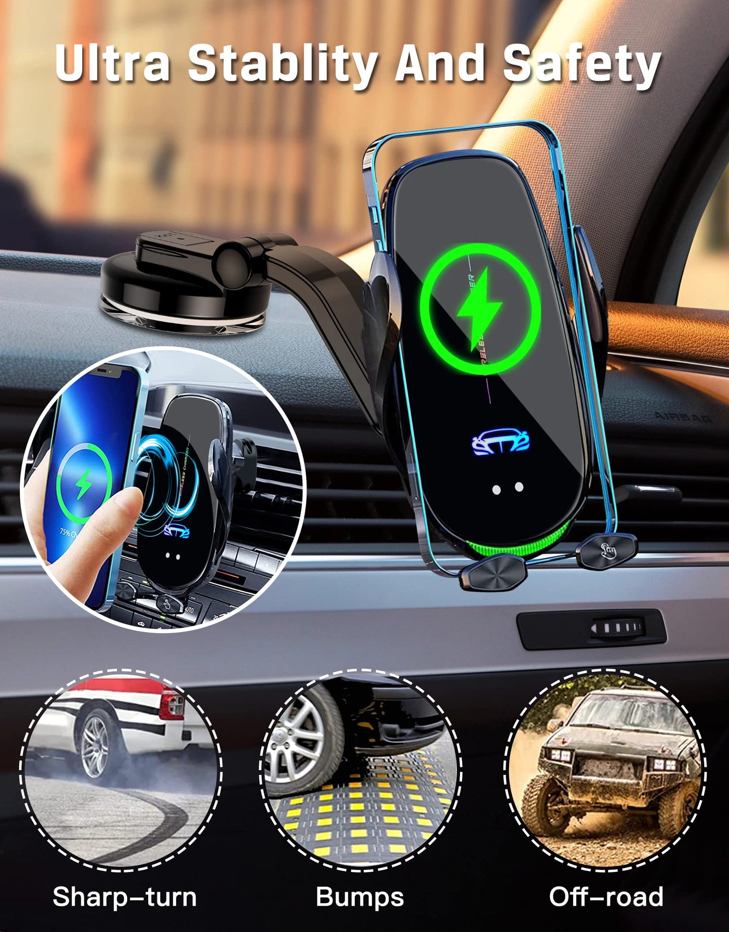 Wireless Car Charger, 15W Qi Fast Charging Car Phone Holder Mount, Auto Clamping Car Charger Phone Mount, Windshield Dashboard Air Vent Phone Holder, for iPhone 14/13/12/11/X, for Samsung Galaxy Note