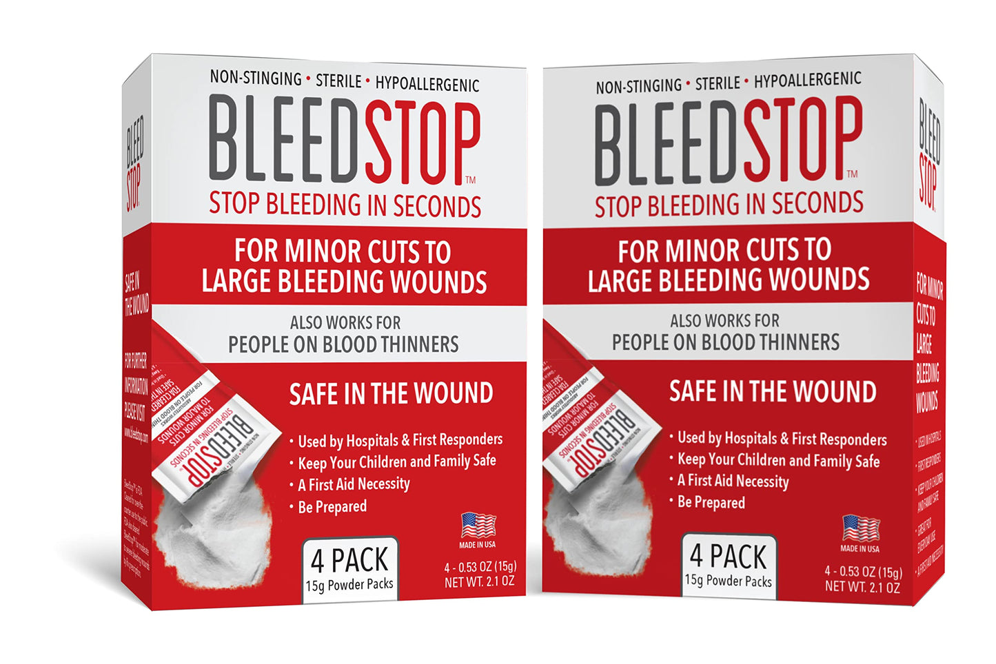 BleedStop First Aid Powder for Blood Clotting, Trauma Kit, Blood Thinner Patients, Camping Safety, and Survival Equipment for Moderate to Severe Bleeding Wounds or Nosebleeds (Double 4 Pack 15g)