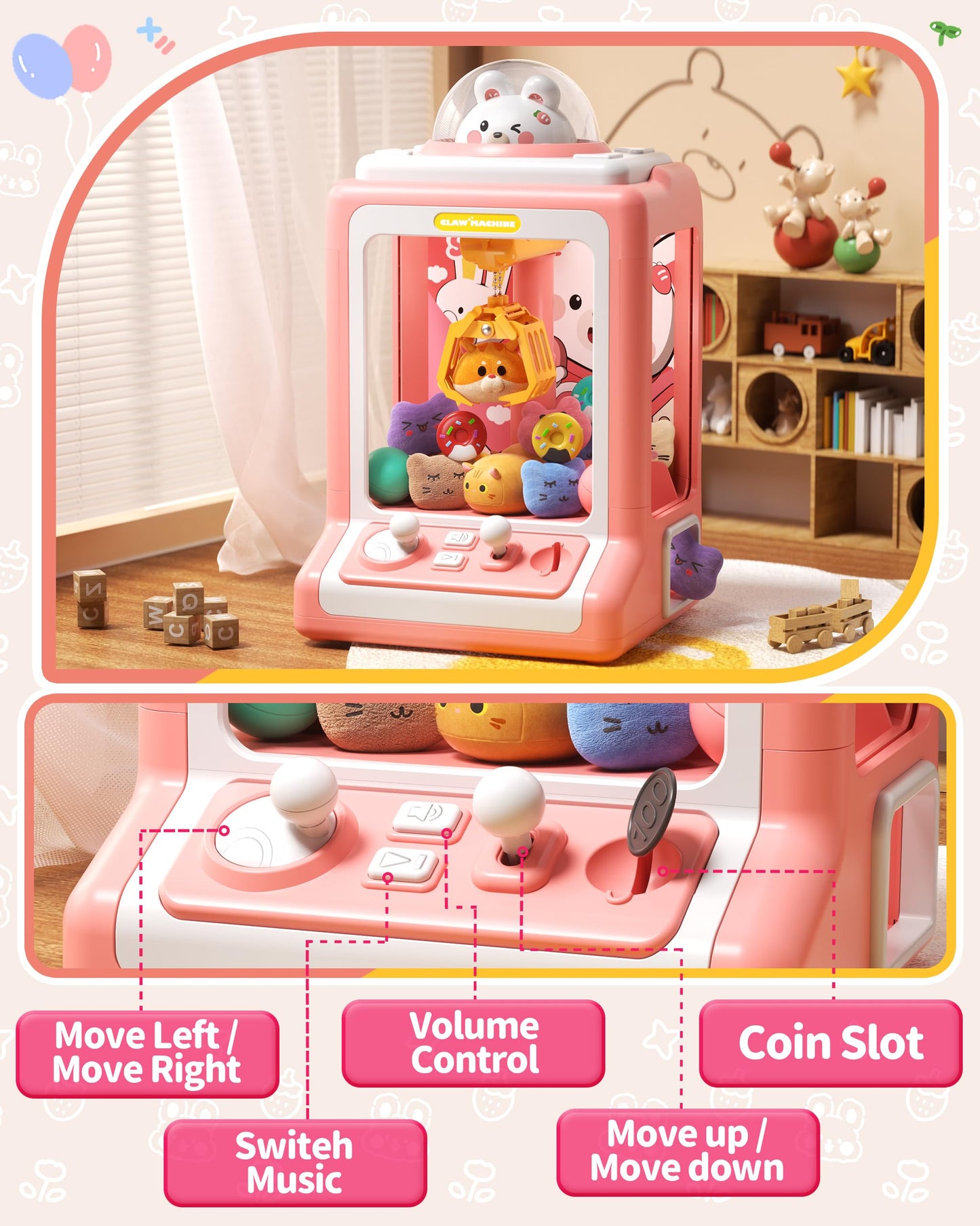 Rabbit Claw Machine for Kids, Mini Vending Machine with Game Coins & Music, Prize Dispenser Toys for Girls and Boys, Electronic Claw Game Machine for Party Birthdays, Includes 30 Mini Toys
