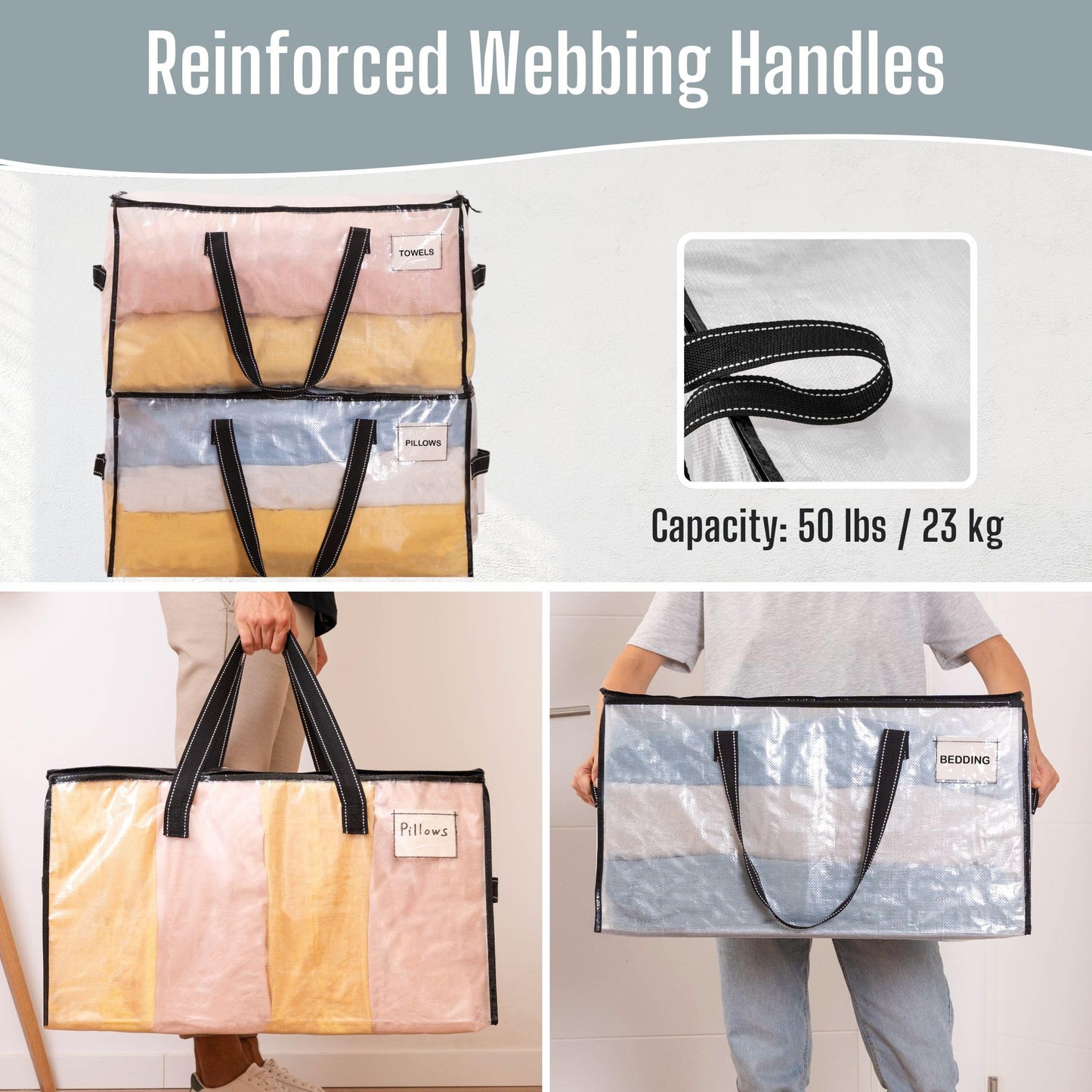 VENO 10 Pack Clear Moving Bags with Zippers, Heavy Duty Moving Boxes Alternative, Large Storage Totes for Clothes, Blankets & Comforters, College Dorm Essentials, Water-Resistant (Clear, 10 Pack)