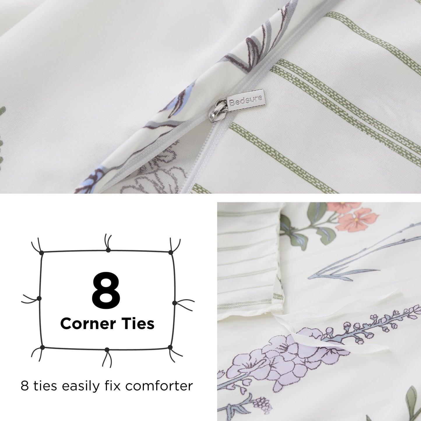 Bedsure Duvet Cover Queen Size - Reversible Botanical Floral Duvet Cover Set for Kids & Adults with Zipper Closure, 3 Pieces White Bedding Set with 8 Corner Ties and 2 Pillow Shams 20"x26"
