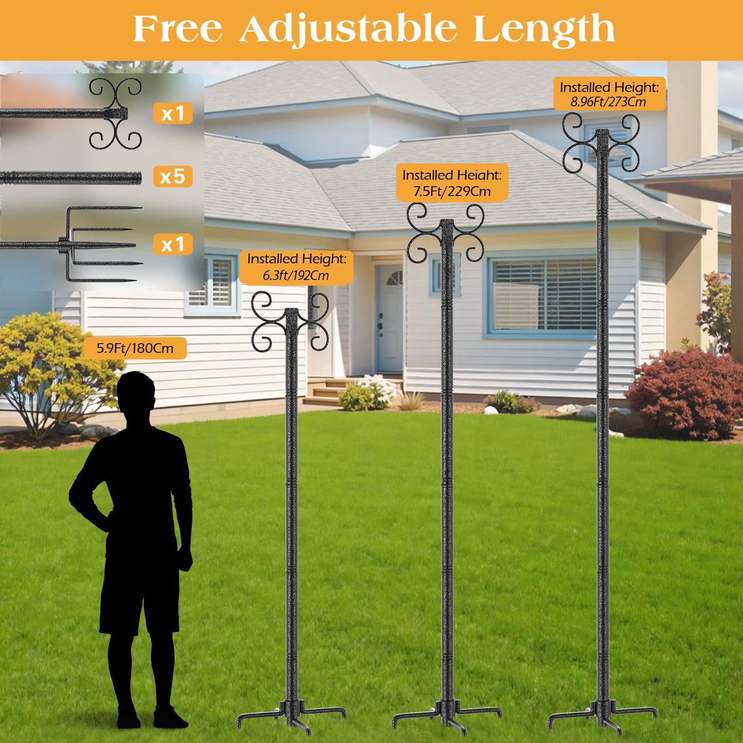 4 Pack String Light Poles, 10Ft Adjustable Height Metal Lights Pole with 4 Hooks and Rustproof, for Yard Patio Decor, Camping, Sun Shades Outdoor, Outside Decor