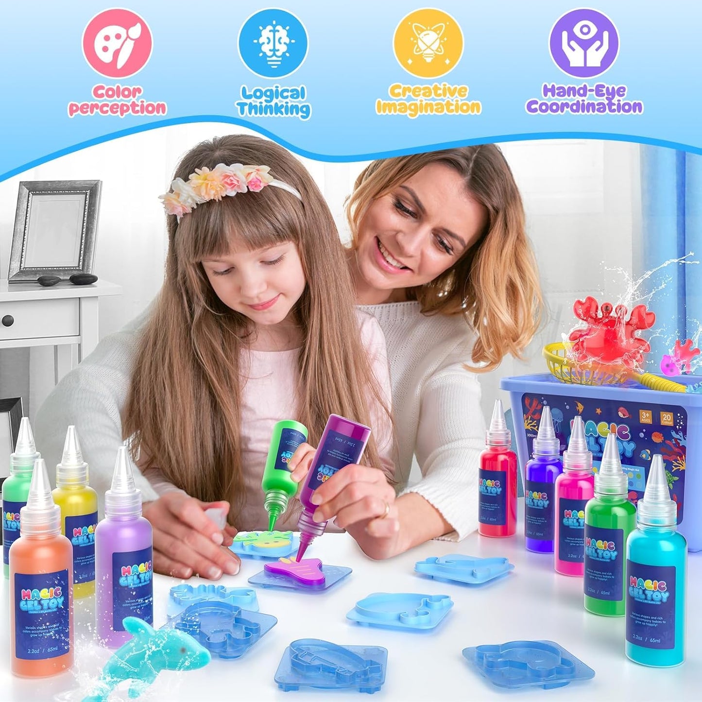 Flooyes Magic Gel Elf Water Toy Kit, Handmade Aqua Water Fairy Gels Kit, Creative Squishy Maker Toy with 20 Magic Gels and 16 Shape Molds, Birthday Gifts Crafts&Art DIY Kit for Kids 4 5 6 7 8 Years Old