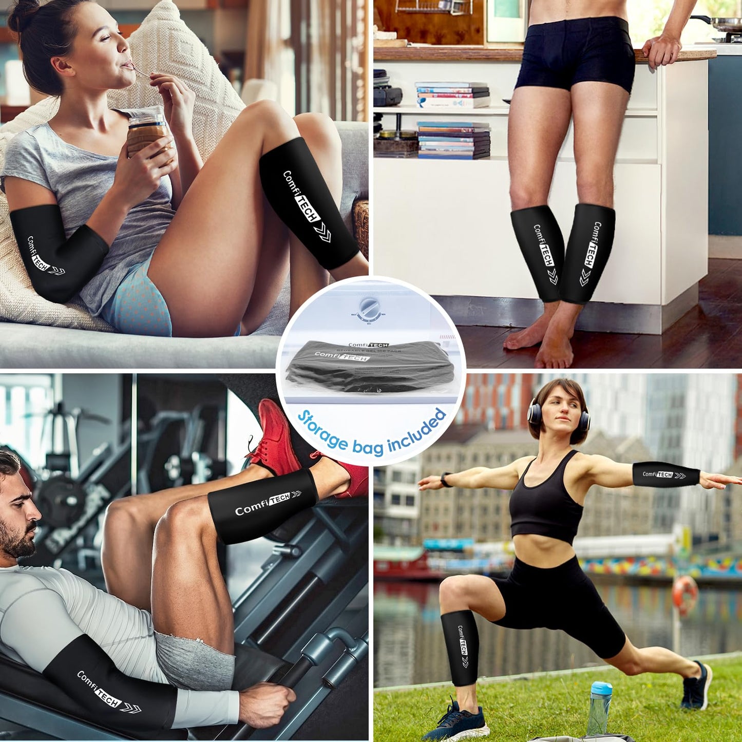 Comfitech Shin Splint Ice Pack Wrap 2 Pack, Reusable Leg Ice Pack Sleeve for Knee & Calf, Flexible Gel Cold Pack for Ankle & Arm, Hands-Free Design for Comfort and Support, Large