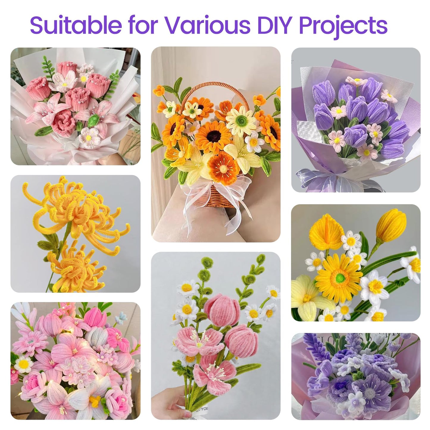 660 PCS Pipe Cleaner Flower Kit, 16 Colors Thick Chenille Stems Pipe Cleaner Bulk, Pipe Cleaners Craft Supplies with Viedo Instruction, Floral Wires, Tape, Stamen, Ribbon for DIY Art & Flower Making