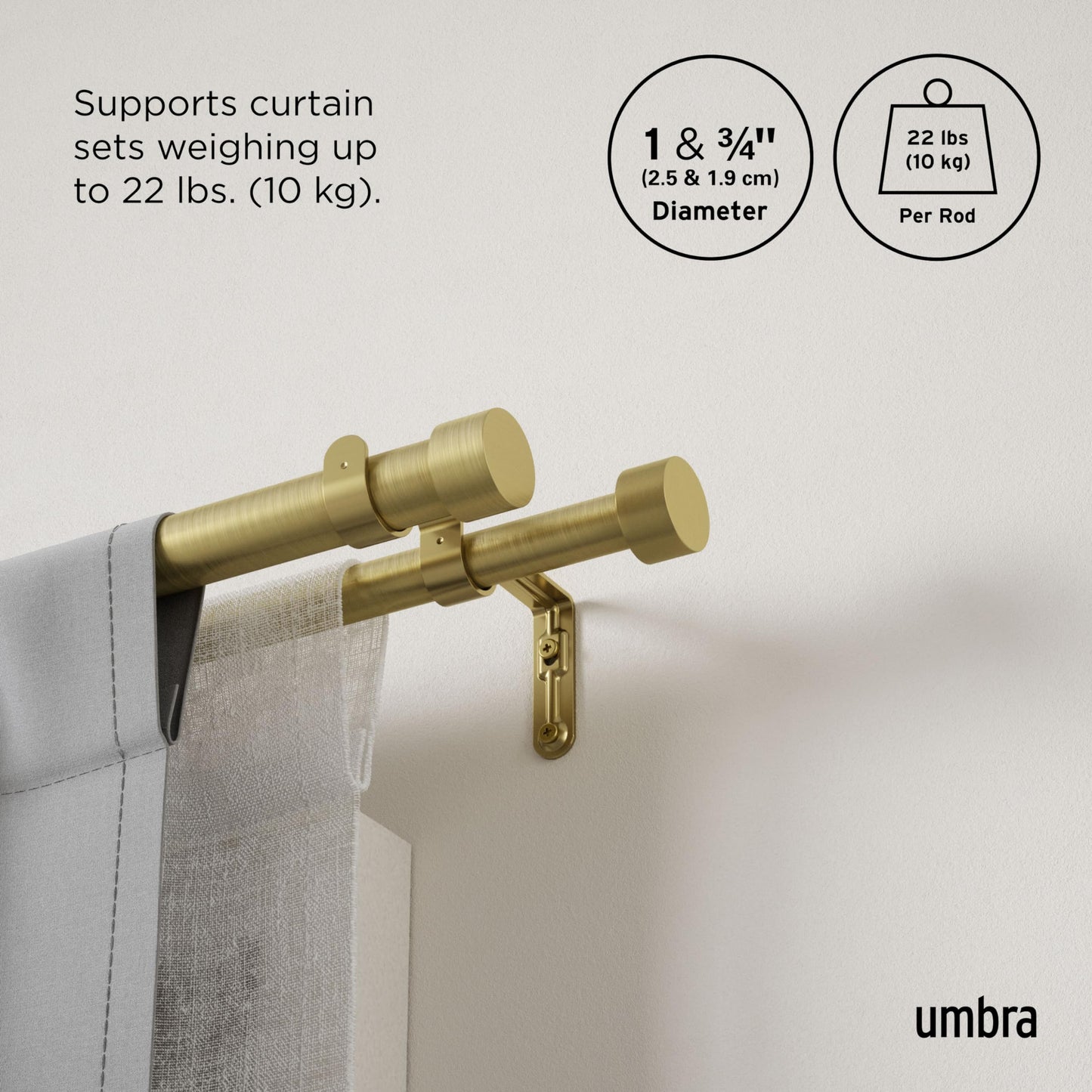 Umbra Cappa Double Curtain Rod, Includes 2 Matching Finials, Brackets & Hardware, 66 to 120-Inch, Gold