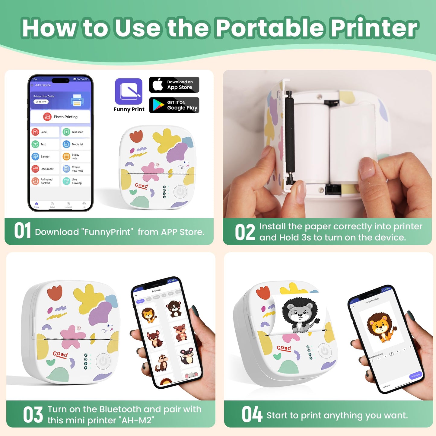 Mini Sticker Printer, Mini Thermal Printer with 4 Rolls Paper, Bluetooth Inkless Printpods, Pocket Label Maker Suitable for Creative Kids DIY, Diaries, Study Notes, Photos