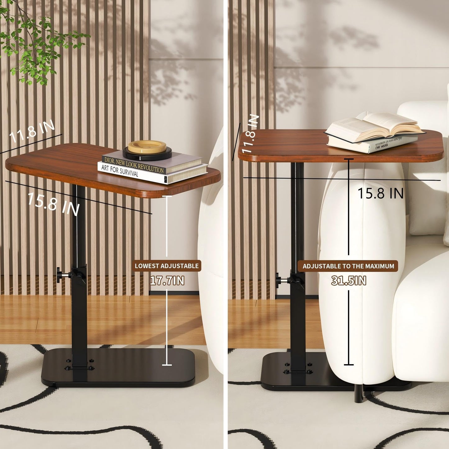 Botion Adjustable Height C-Shaped Table, 360° Swivel TV Tray, Small Side Table for Couch, Bedside and Living Room, Couch Table with Metal Pillar(Brown)