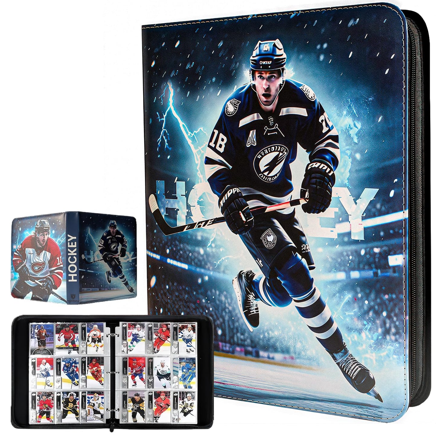 Hockey Card Binder 9 Pocket - Holds 900 Cards with 50 Removable Double-Sided Sleeves, Zipper Closure, Trading Card Binder - Ideal Gift for Boys & Girls (9-Pocket Large)