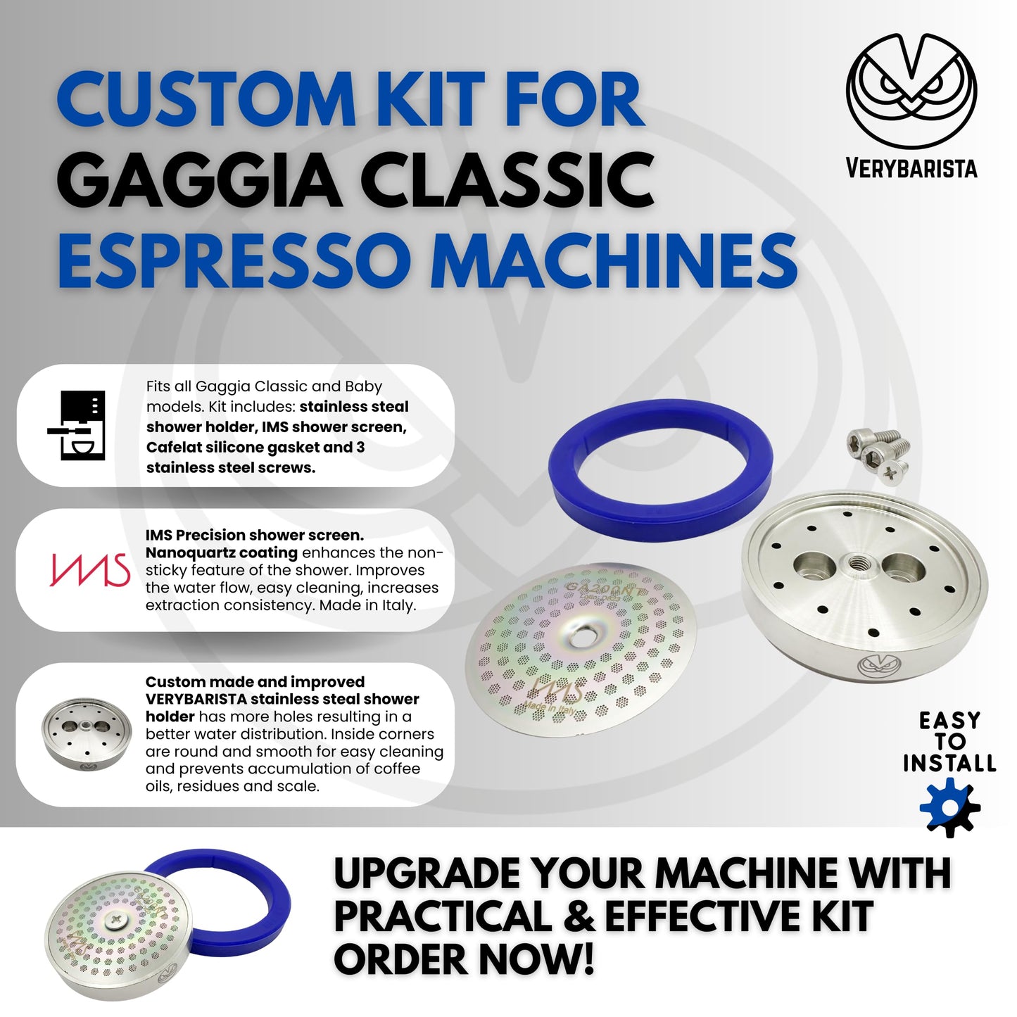 Tune Up kit Made for Gaggia Classic. Upgraded Stainless Steel Shower Holder. IMS Precision Nanotech Shower Screen GA200NT, Cafelat Silicone Gasket and All Screws (Custom Tune Up Kit)