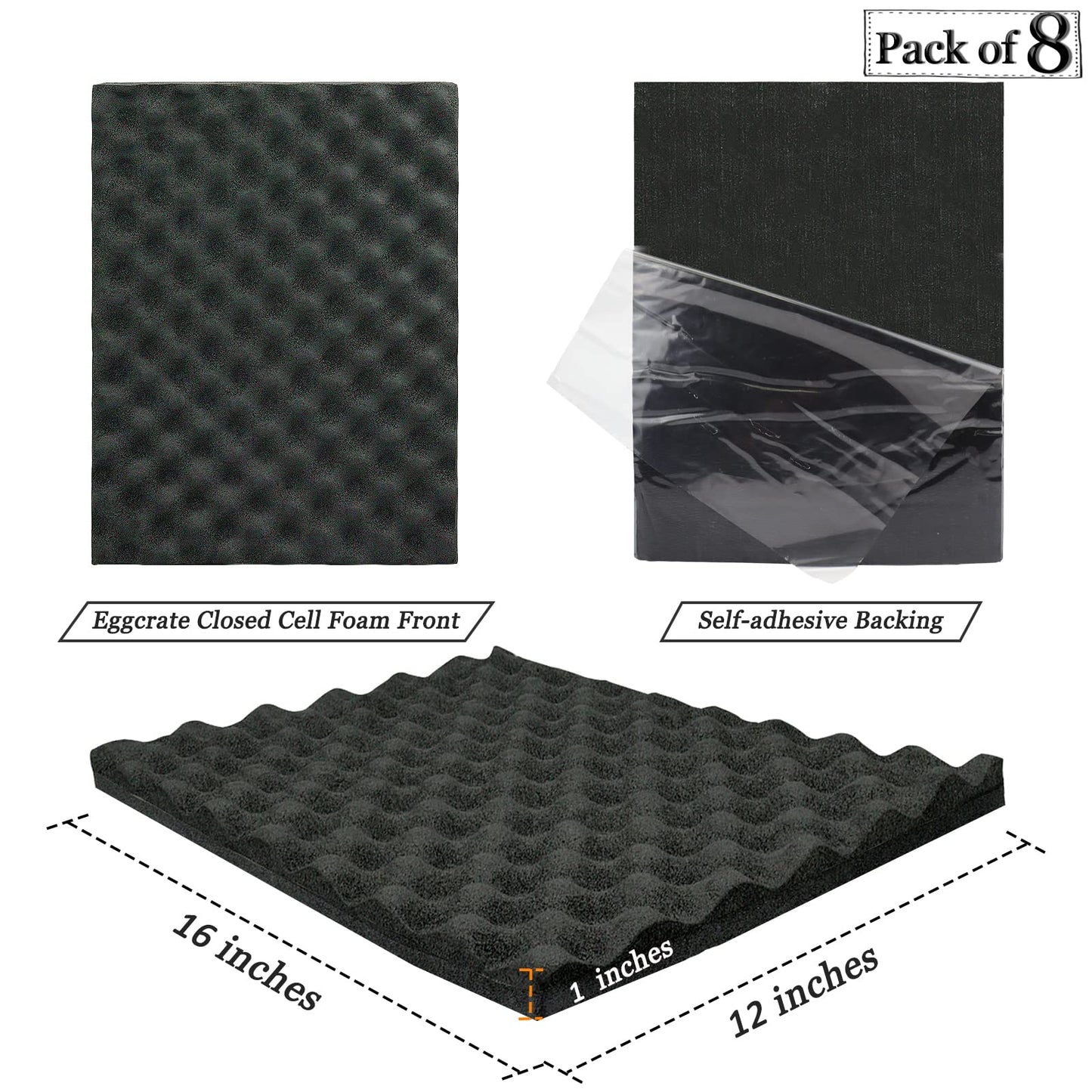 BXI Soundproofing Closed Cell Foam - 8 Pack Self-Adhesive 16'' X 12'' X 1'' Thickened Egg Crate Sound Proof Foam - Acoustic Foam Panels Great for Noise & Thermal Insulation (Black)