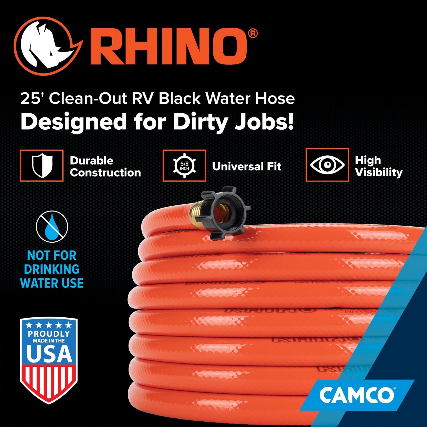 Camco 22990 25ft RhinoFLEX 5/8 inch ID Gray/Black Water Tank Clean Out Hose | Ideal for Flushing Black Water, Grey Water or Tote Tanks, Orange