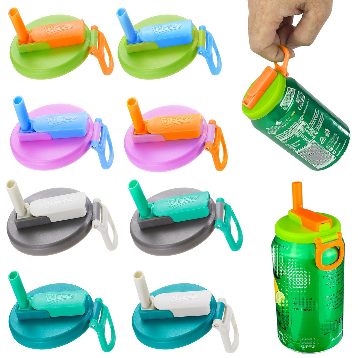 ORIGINAL CREATOR - DIPESI 8 pack 8 color Soda Can Lids with Straws, Pop Can Cover，Reusable Silicone Straws,BPA-Free,Reusable Can Covers for soda,Coke,Beer,Juice,Beverage,Fits Standard Cans