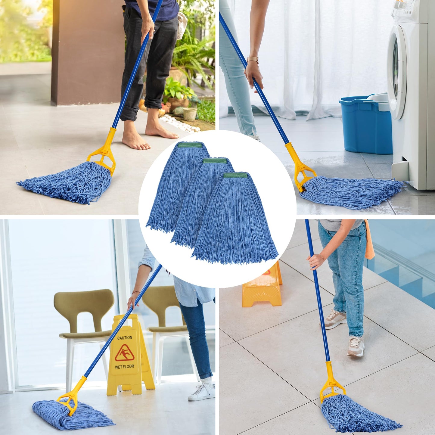 Matthew Cleaning 24oz 3Pack Cotton Floor Mop,Cotton Looped-Open String Heavy Duty String Refills, Universal Headband Blend ,Mop Head Replacement for Home, Industrial and Commercial Use(Blue)