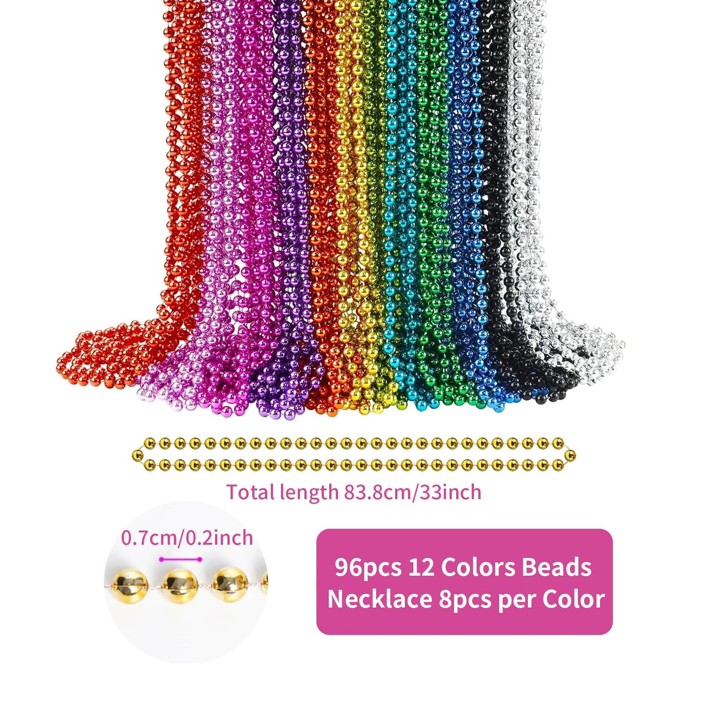 96 PCS Mardi Gras Beads, Metallic 12 Kinds of Bead Necklace Party Favors, 33" Mardi Gras Necklace Women Men Stuff, Festival Parade Throw Accessories for Wedding Birthday Celebrations Decorations