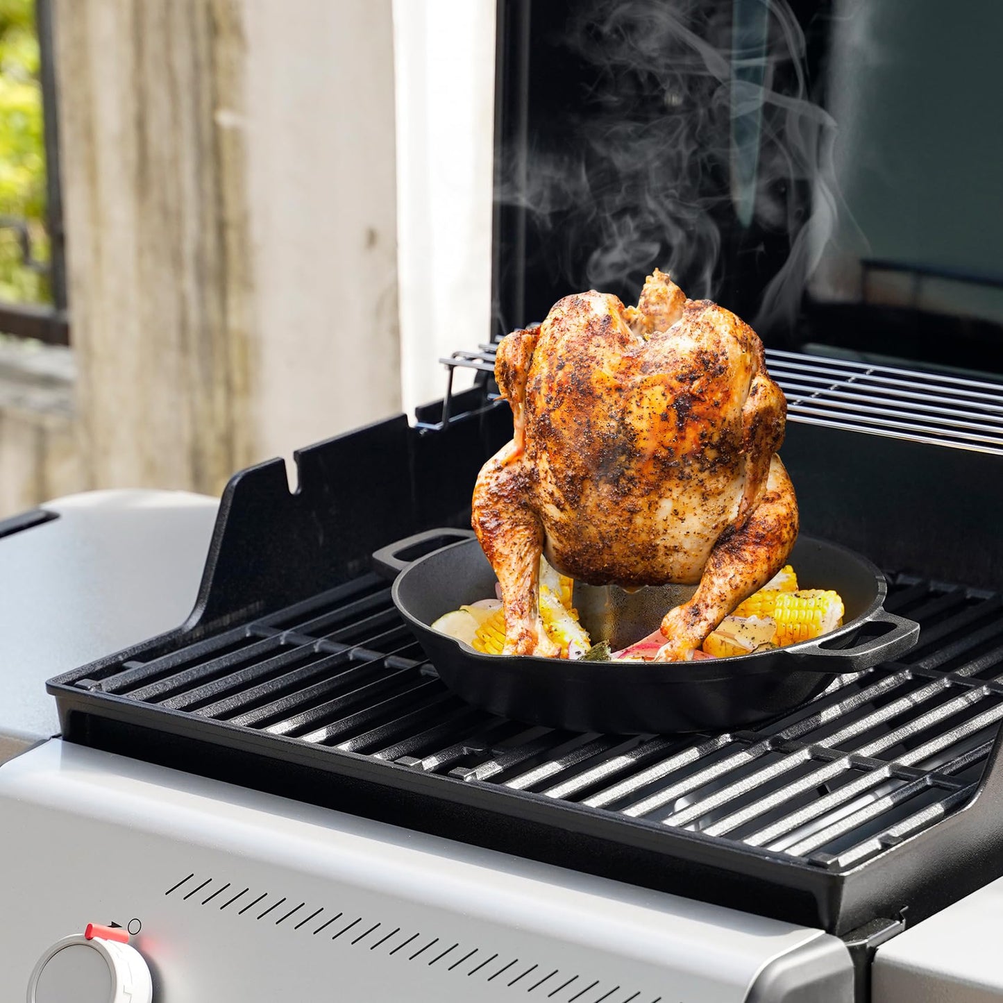 Onlyfire Universal Cast Iron Chicken Roaster, Pre-Seasoned Poultry Roaster Beer Can Turkey Holder with Roasting Pan for Most Grills and Oven