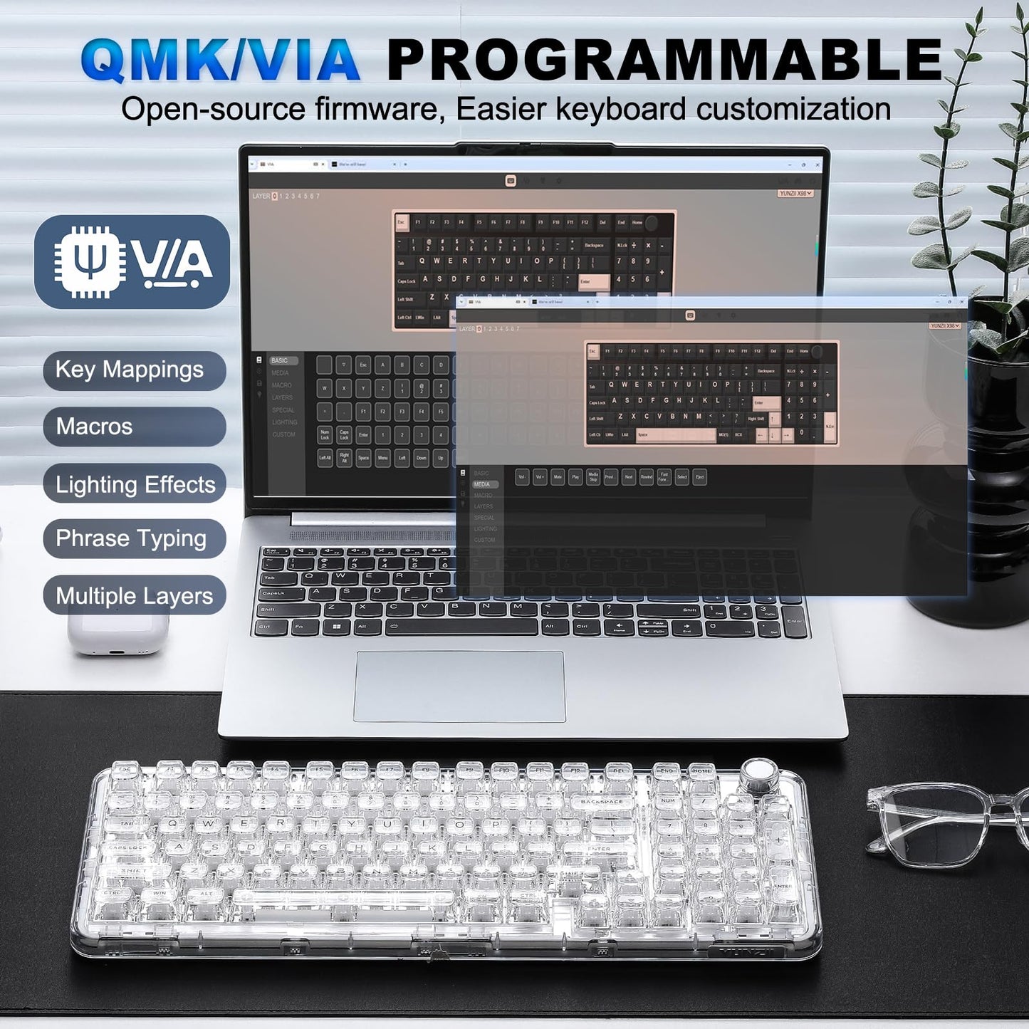 YUNZII X98 QMK/VIA Wireless Mechanical Gaming Keyboard with Knob,Tri-Mode BT5.0/USB-C/2.4GHz Hot Swappable Keyboard,Pre-lubed Switches Gasket Mount RGB Backlit for Wins/Mac (White, Snow Switch)