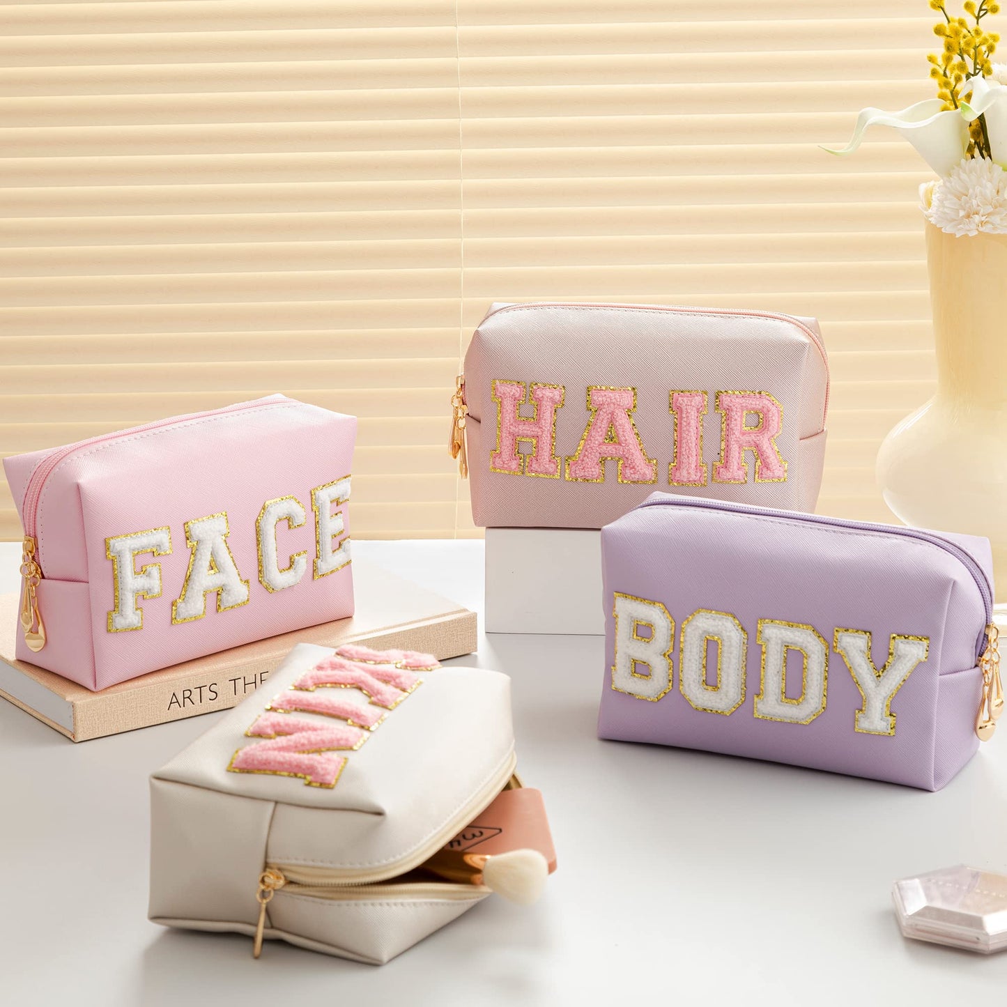 HBselect 4 Pcs Preppy Makeup Makeup Bag, Cute Waterproof PU Leather Chenille Letter Cosmetic Bag Travel Makeup Bag, Preppy Makeup Pouch Toiletry Zipper Pouch Organizer for Women and Girls