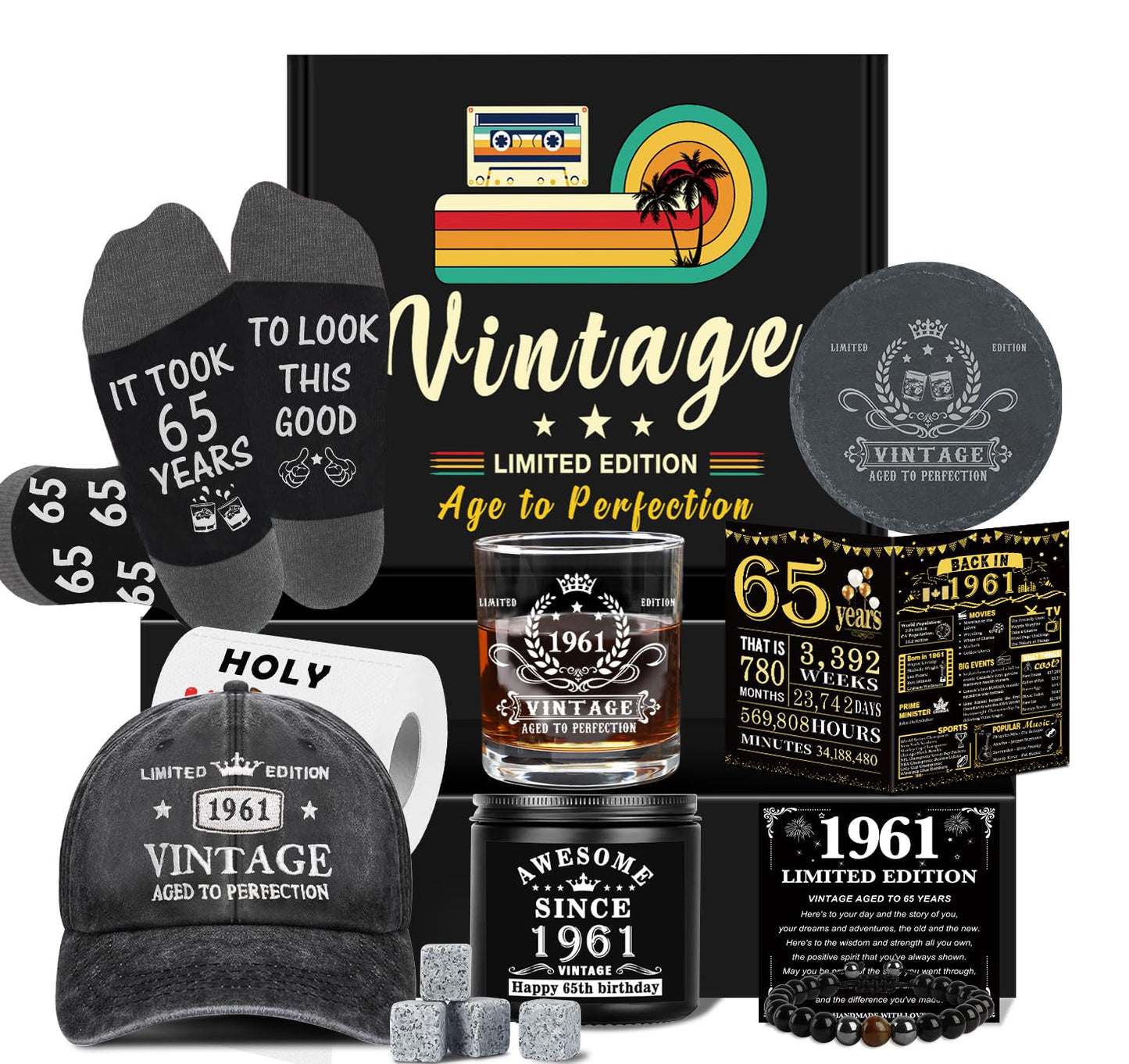 65th Birthday Gifts for Men, Cool 65th Birthday Decorations for Men, 65 Year Old Gifts for Man Who Have Everything, 1961 65th Birthday Gift Baskets for Man Whiskey Glass Baseball Cap Socks Stones