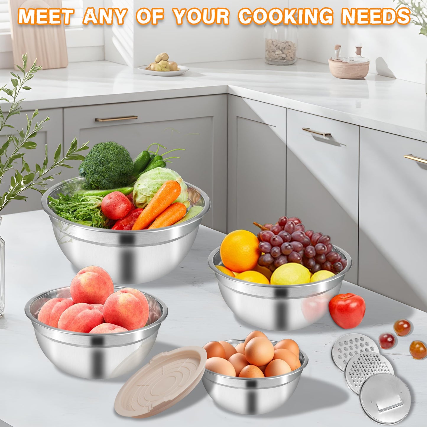Mixing Bowls with Airtight Lids for Kitchen, 7 Piece Stainless Steel Metal Nesting Storage Bowls, 3 Grater Attachments, Size 4.5, 3.6, 2.7, 2.1,1.7, 1.1,0.7QT for Mixing, Baking & Serving Food