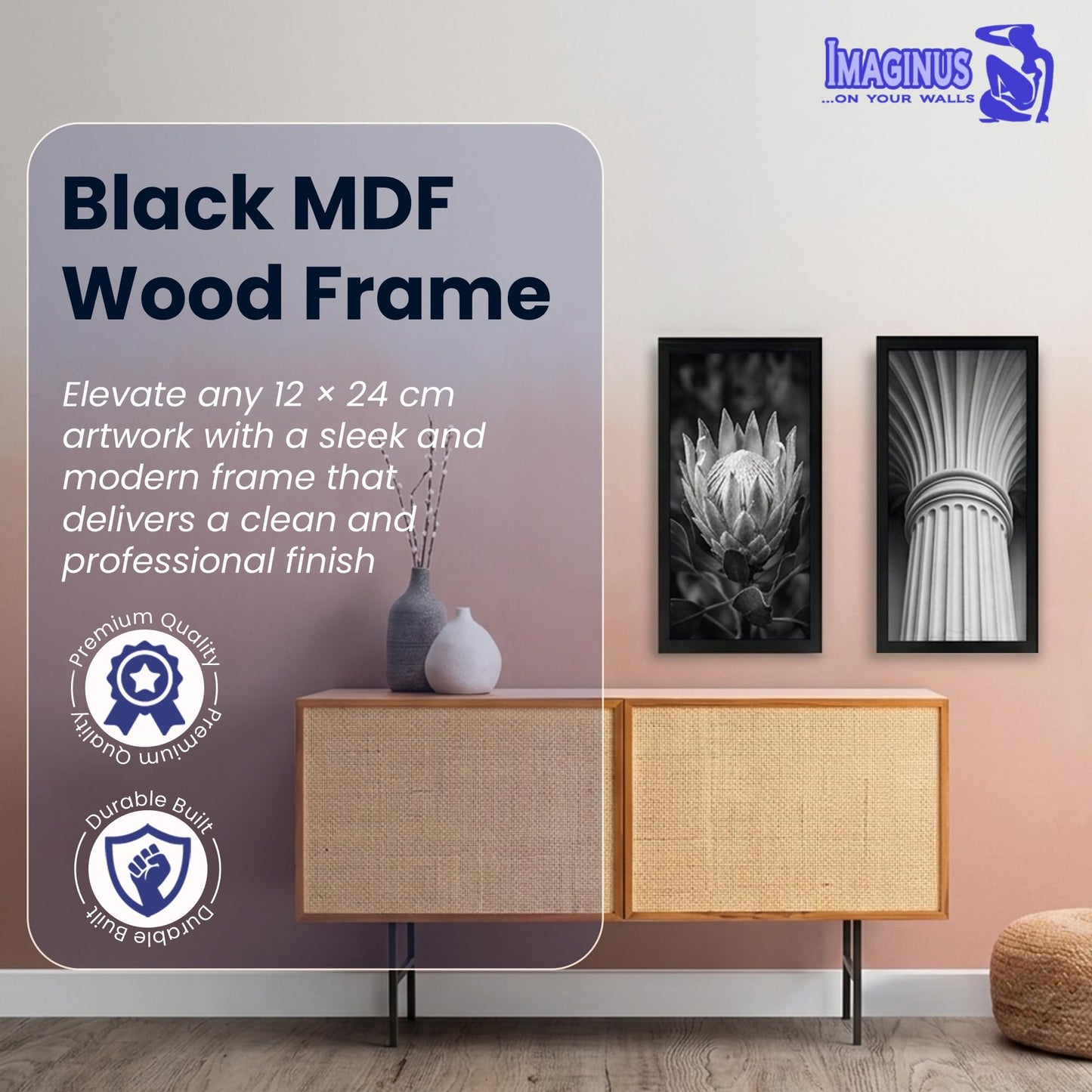 Imaginus 12x24 Inch Black MDF Wood Frame Modern Wall Mount Poster Frame with Clear Shatter-Resistant Front, Minimalist Frame for Prints, Photos & Artwork, Home Office Gallery Wall Décor