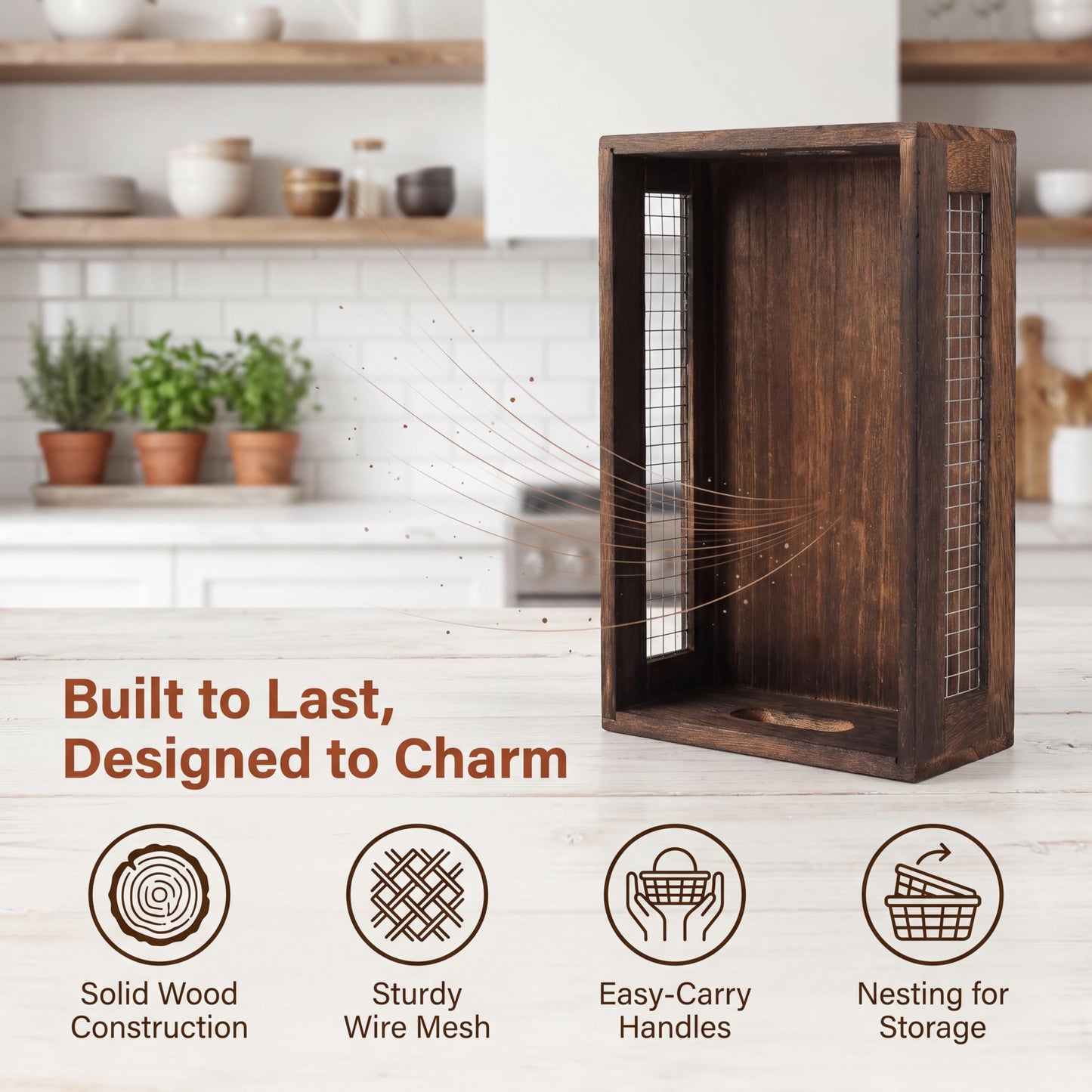 Dicunoy Set of 2 Rustic Nesting Boxes, Wooden Organizer Crates Basket, Small Decorative Wood Wire Containers with Handle, Kitchen Counter Organizers for Fruit, Veggies, Onion, Bathroom, Pantry Storage