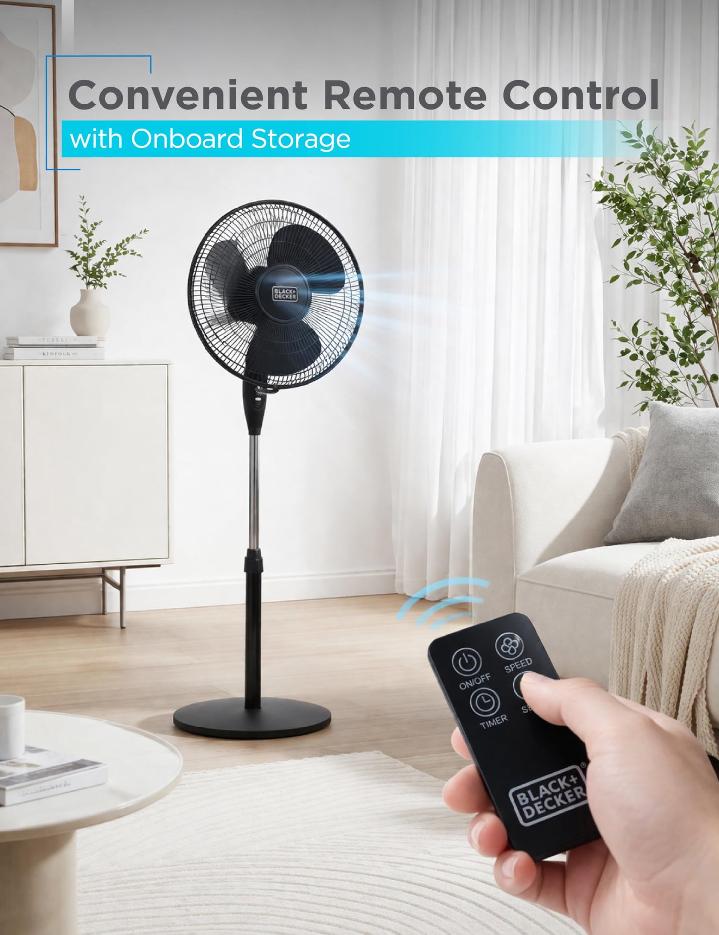 BLACK+DECKER 16-Inch Stand Fan with Pedestal Base, Height Adjustable Pedestal Fan with Remote and Touch Control Panel, Free Standing Fan with 90-Degree Oscillating and 3-Speed Settings, Black